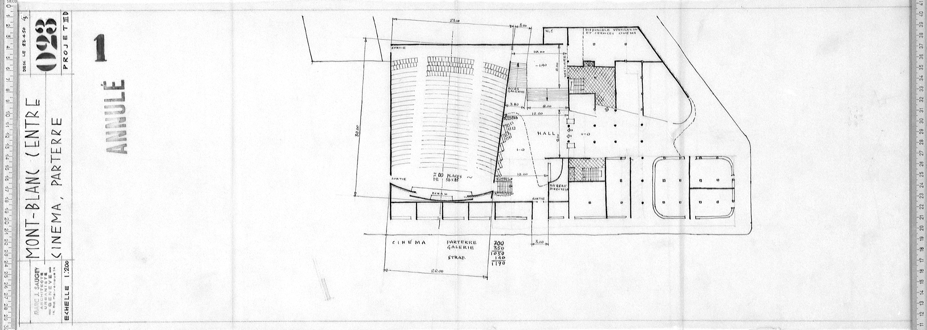 Avant-projets III D et E, variantes pour l’implantation du cinéma, plan 023 du 23 avril 1950 (plus probablement 23 avril 1951 eu égard à la numérotation des plans et à l’état d’avancement du projet à cette date), dessinés par L.B. (Louis Bongard)