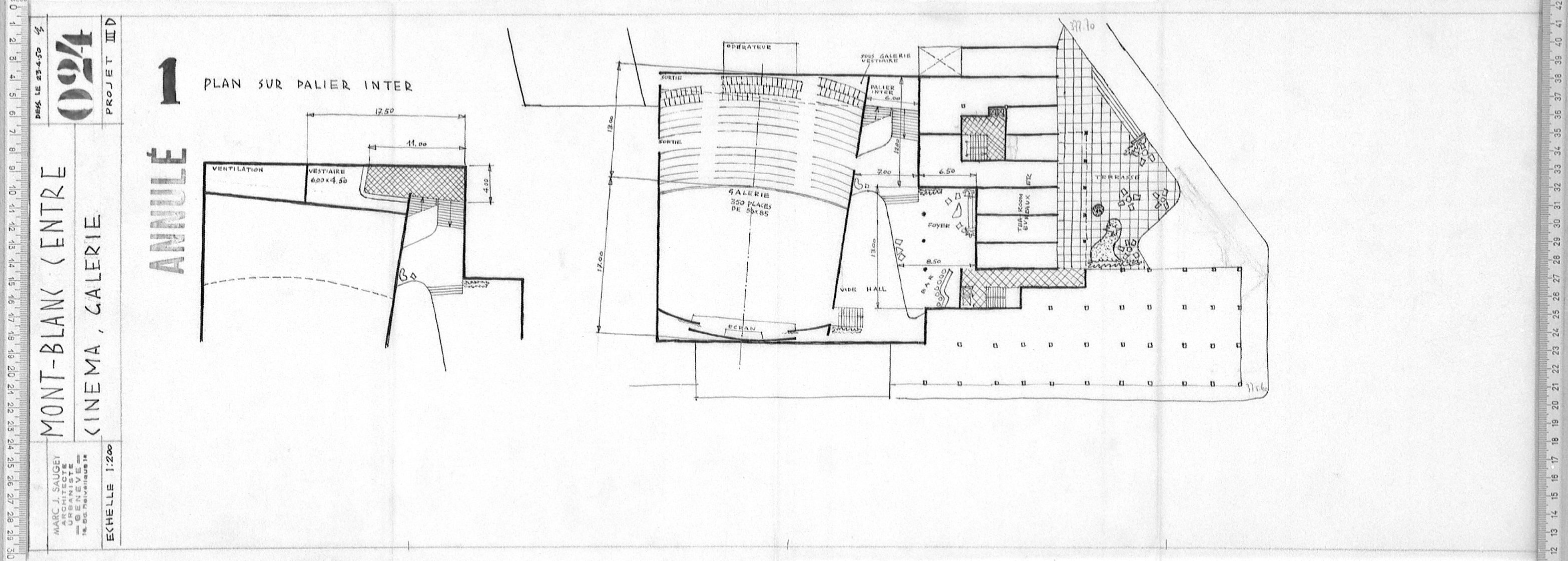 Avant-projets III D et E, variantes pour l’implantation du cinéma, plan 024 du 23 avril 1950 (plus probablement 23 avril 1951 eu égard à la numérotation des plans et à l’état d’avancement du projet à cette date), dessinés par L.B. (Louis Bongard)