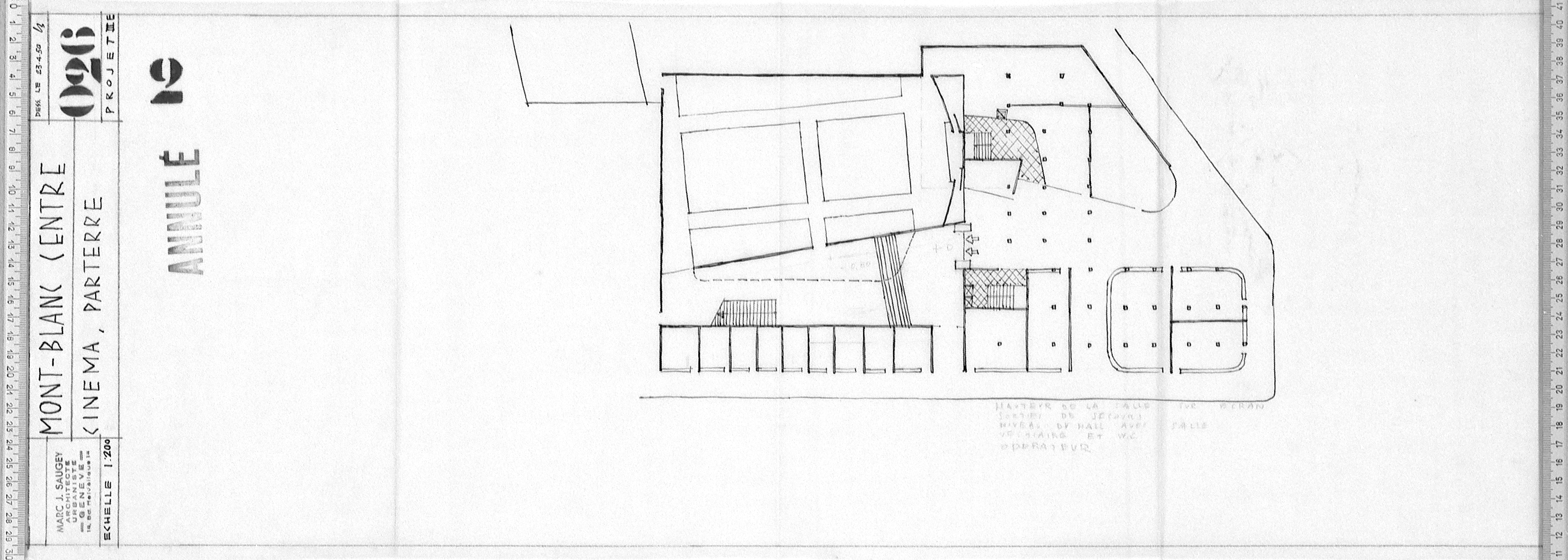 Avant-projets III D et E, variantes pour l’implantation du cinéma, plans 026 du 23 avril 1950 (plus probablement 23 avril 1951 eu égard à la numérotation des plans et à l’état d’avancement du projet à cette date), dessinés par L.B. (Louis Bongard)