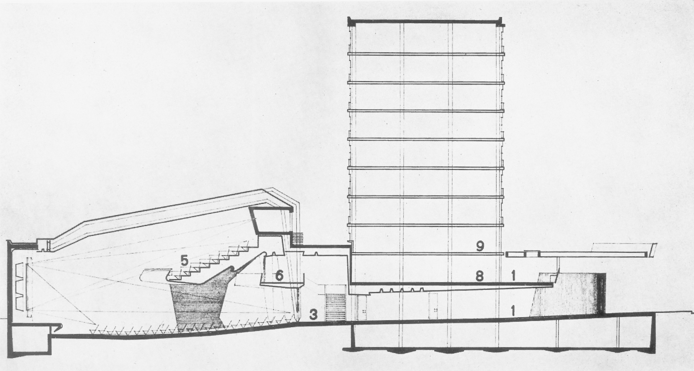 Projet définitif, plan 044 du 6 juillet 1951, dessinés par L.B. (Louis Bongard), A. Fr. et R.F. (Robert Frei)