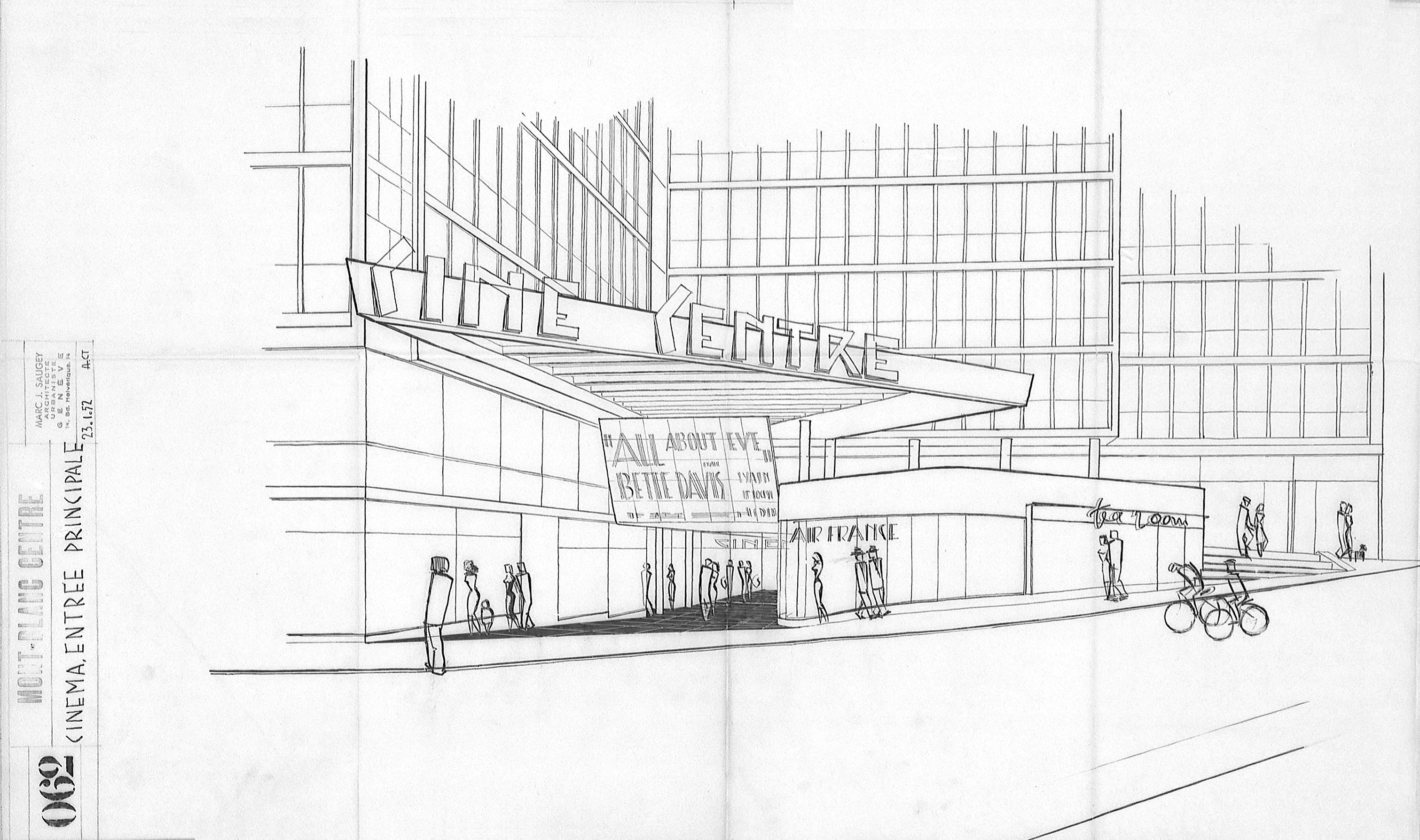 Perspectives de l'entrée du cinéma depuis la rue Chantepoulet, dessins L.B. (Louis Bongard)