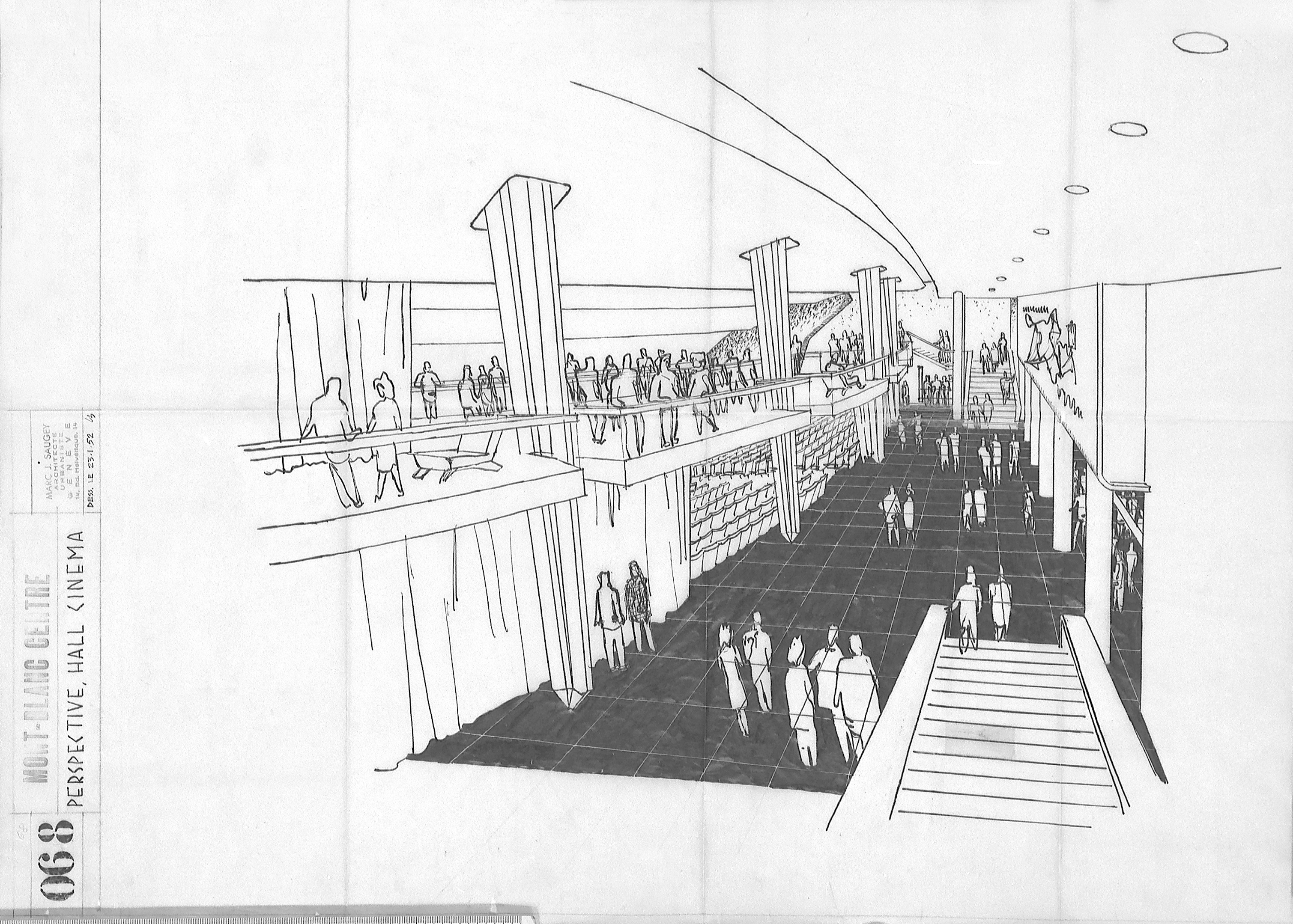 Cinéma Le Plaza, perspective de l’aménagement du foyer dessinées par L.B. (Louis Bongard)