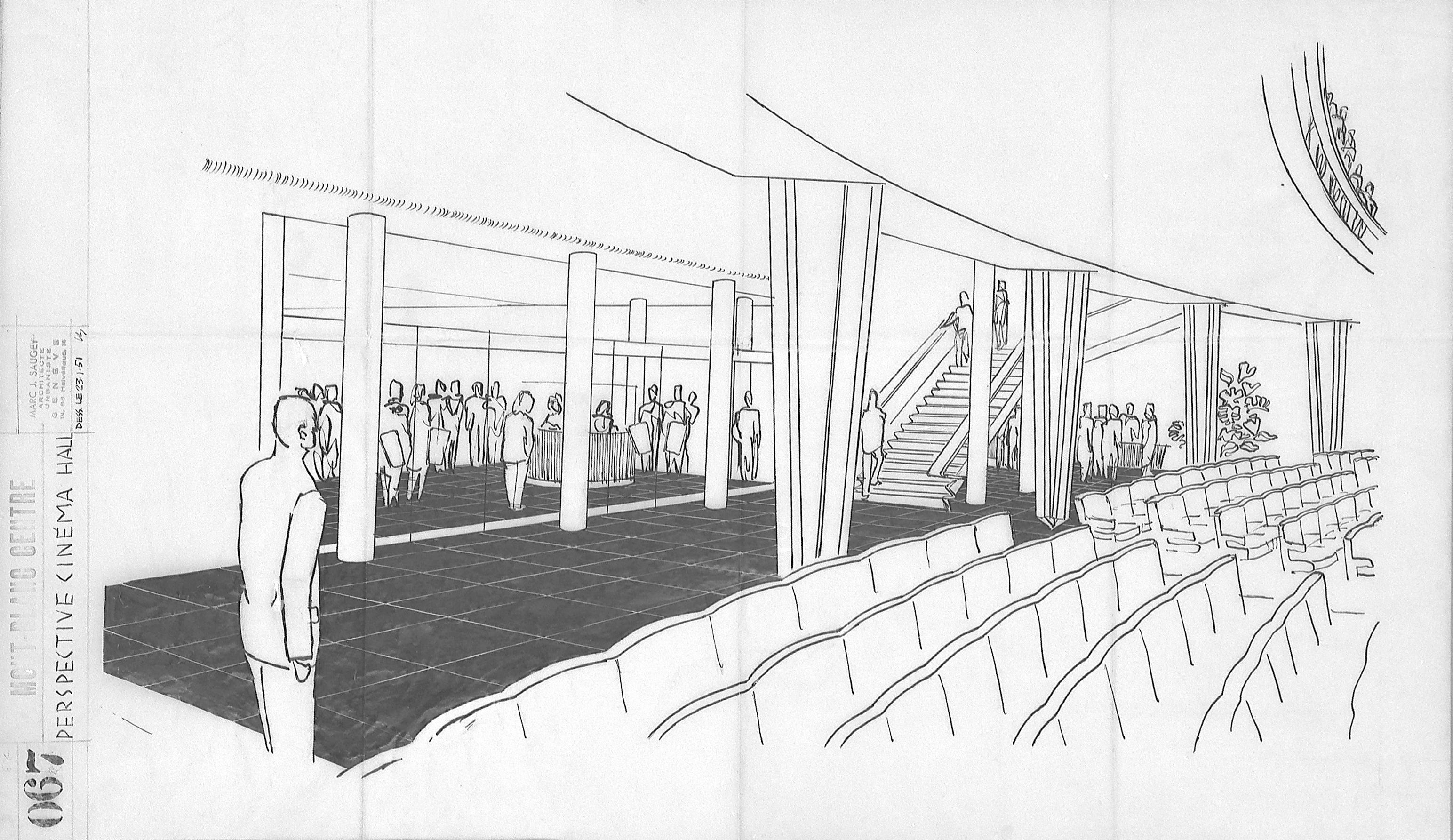 Cinéma Le Plaza, perspectives de l’aménagement du foyer dessinées par L.B. (Louis Bongard)