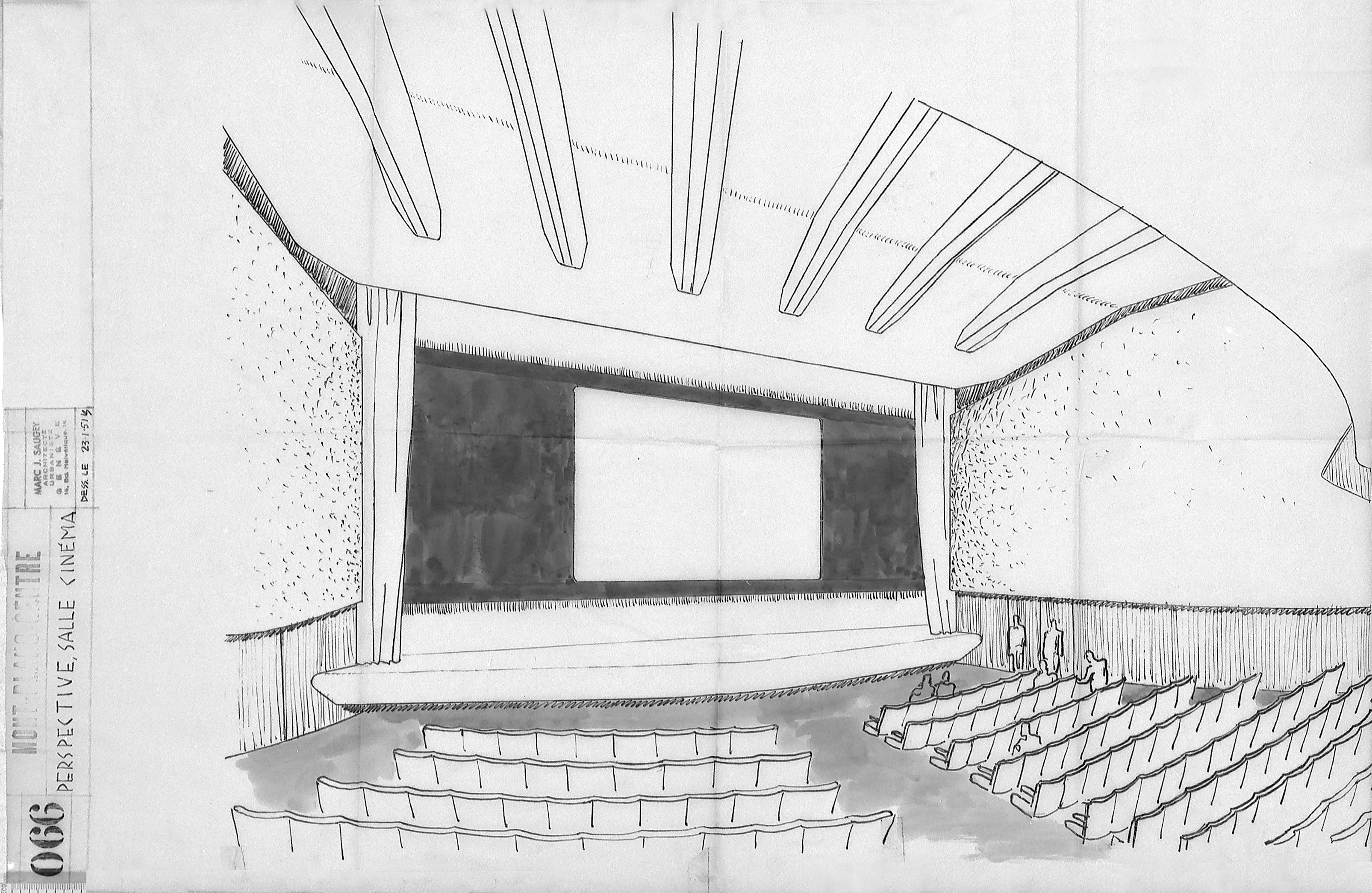 Cinéma Le Plaza, perspective de l'aménagement de la salle dessinée par L.B. (Louis Bongard)
