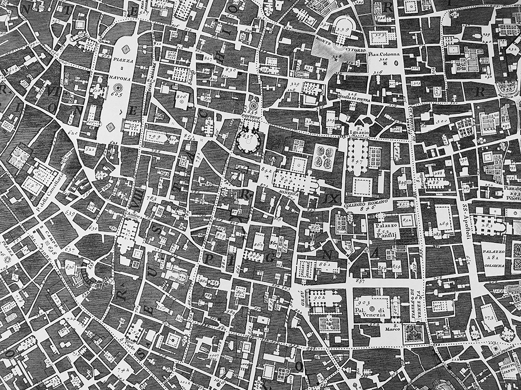 Beispiel einer zweidimensionalen Darstellung der Stadträume: Im Nolli-Plan von Rom (1748) sind die öffentlichen und privaten Flächen im Stadtgewebe erkennbar.