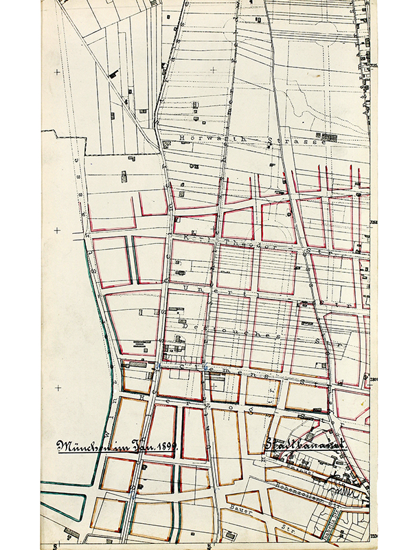 Beispiel für das Verweben von Stadtraum: Baulinienplan Belgradstrasse und Umgebung, München. Einbindung der bestehenden Parzellenstruktur, Strassenführungen und Bebauungen in den neuen Baulinienplan.