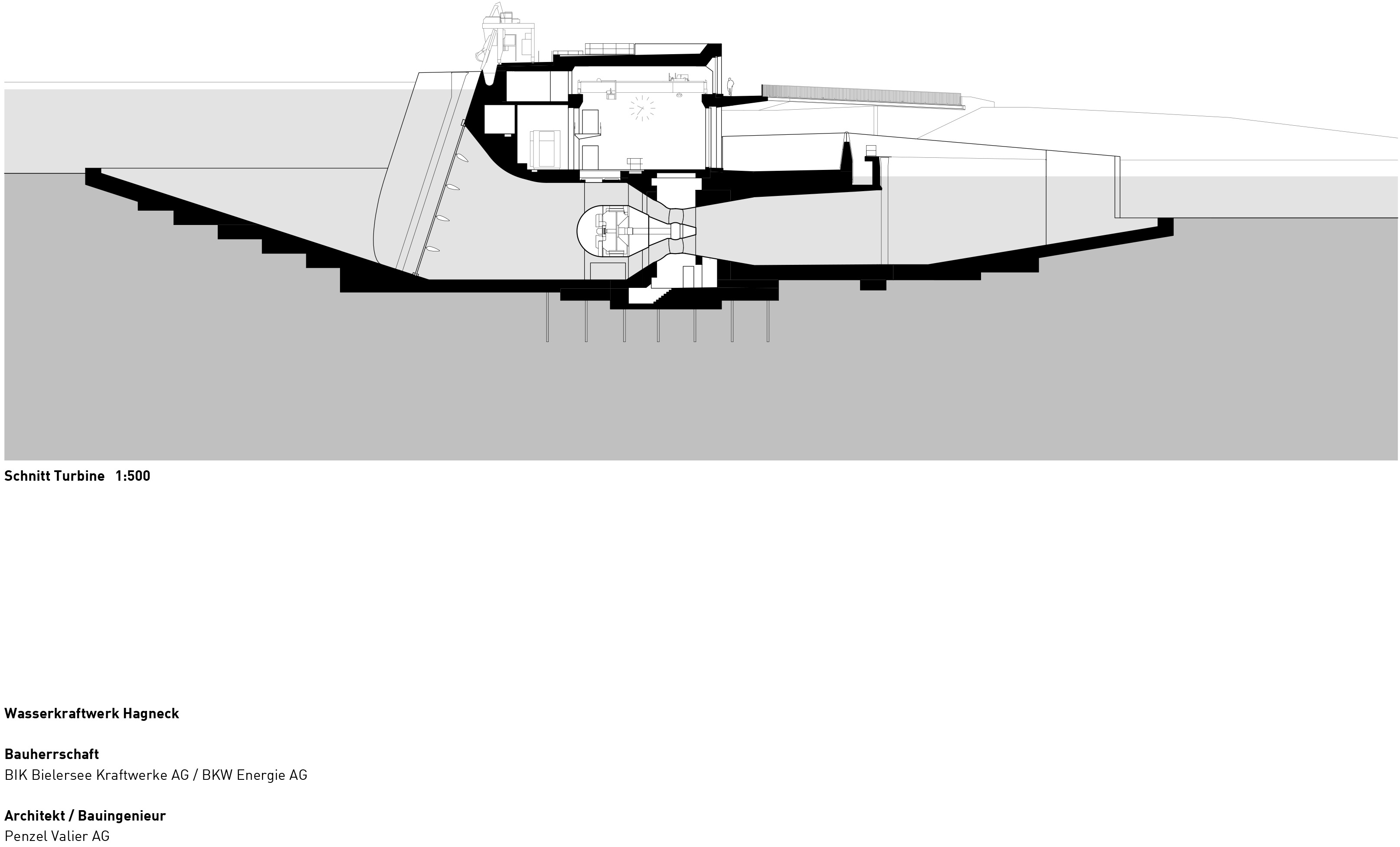 Coupe transversale au niveau des turbines, échelle 1:1000