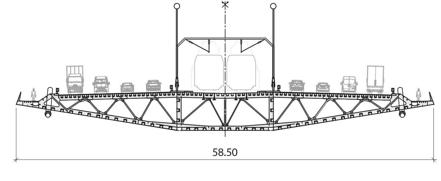 Coupes du tablier de rive (bas) et tablier central (haut), échelle 1:300.
