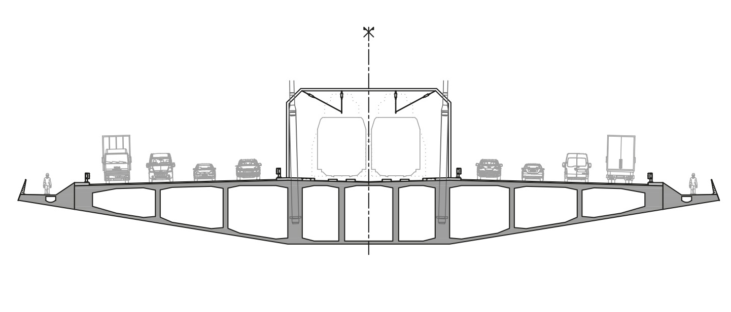 Coupes du tablier de rive (bas) et tablier central (haut), échelle 1:300.