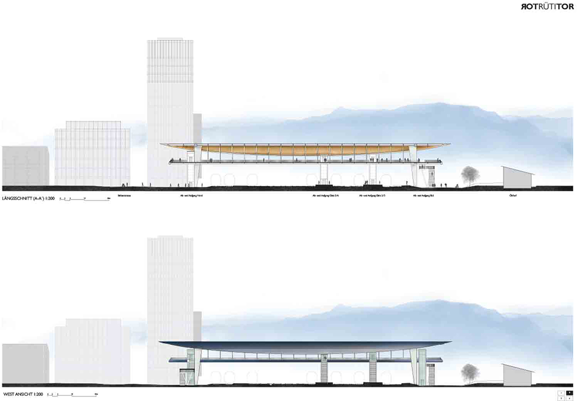 Projekt «Rotrütitor», Ansicht / Längsschnitt.