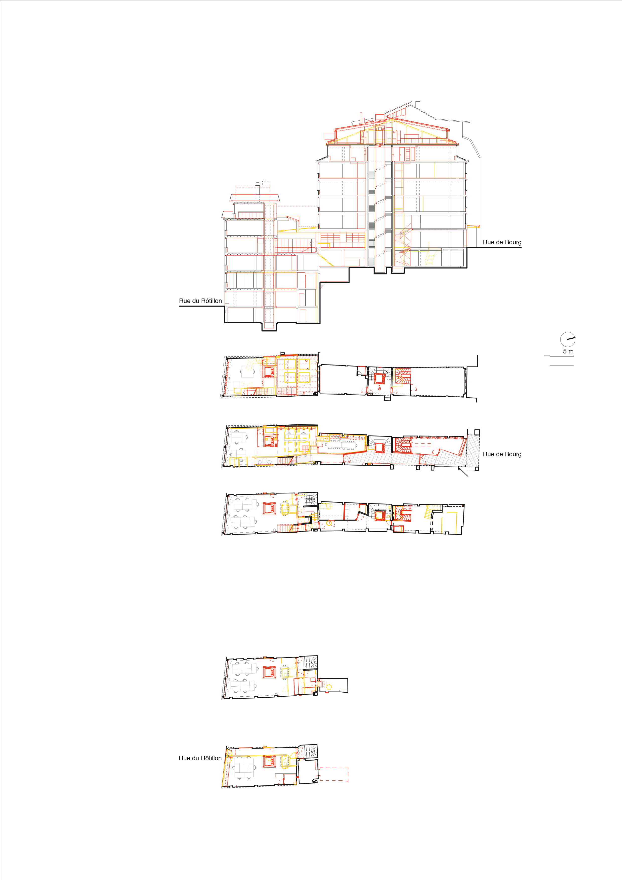 Coupe et Plans de haut en bas: R4, R3 REZ, R2 échelle 1 : 400.
