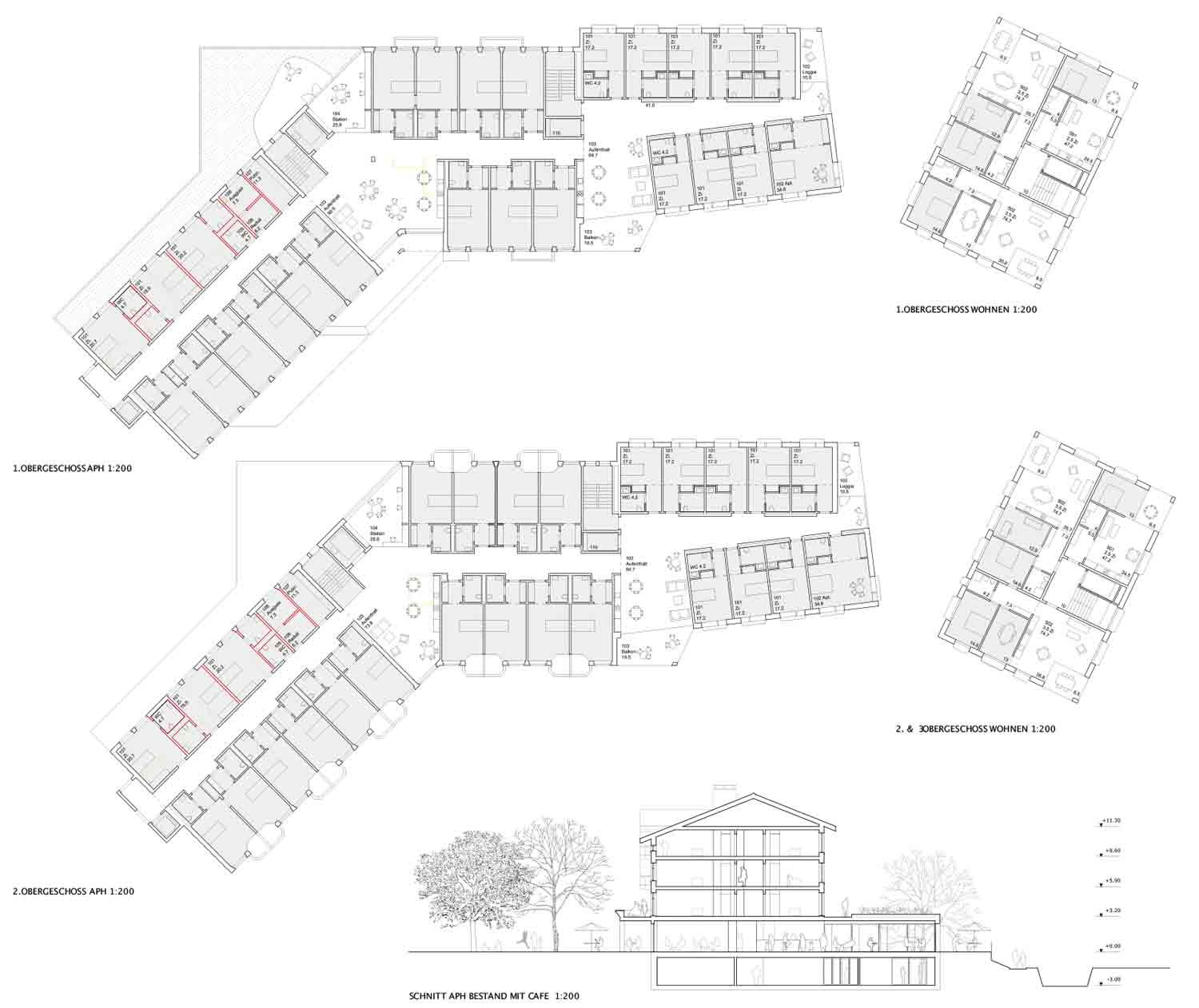 1. Rang: «La Vie En Rose», ARGE Rahbaran Hürzeler Architekten, Obergeschosse mit Schnitt.