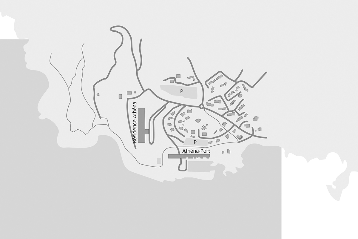 Links das ehemalige Hotel Résidence Athéna, rechts das Appartementhaus Athéna-Port.