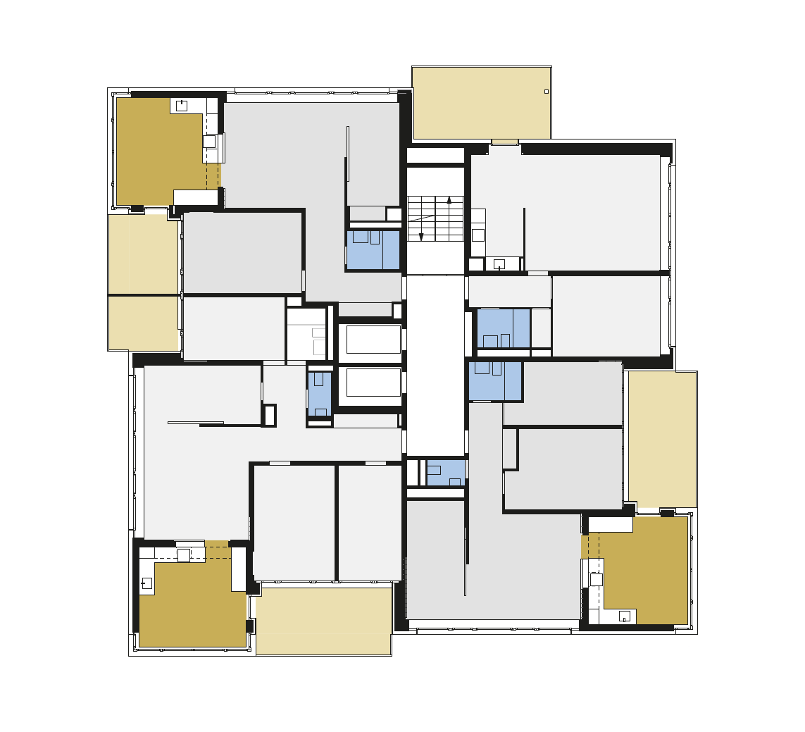 Normalgeschoss mit Küchenerweiterungen und neuen Balkonen.