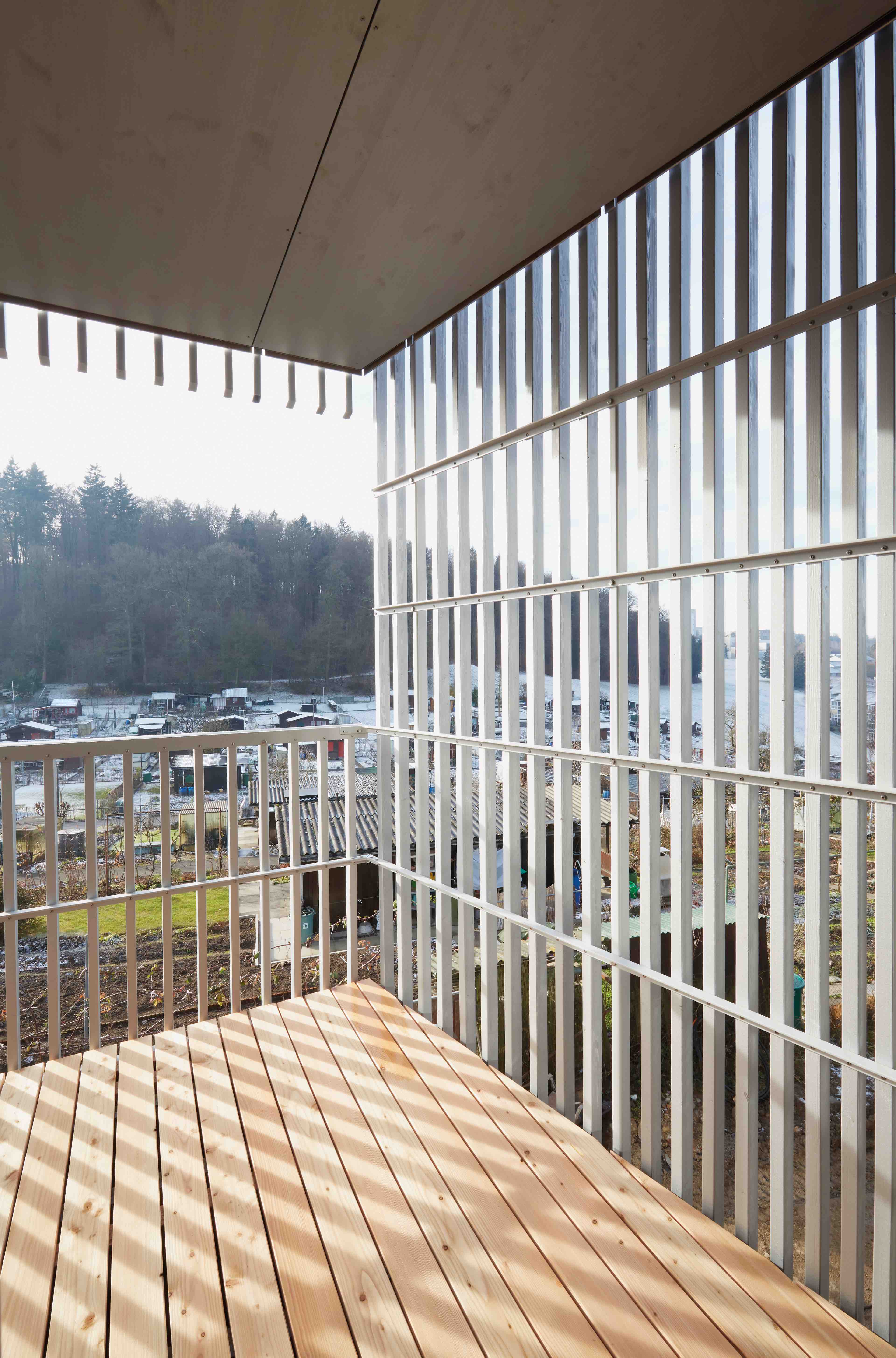 Casa plurifamiliare Burkhalter Sumi Architekten a Zurigo. La leggera griglia in liste di legno che protegge i balconi.