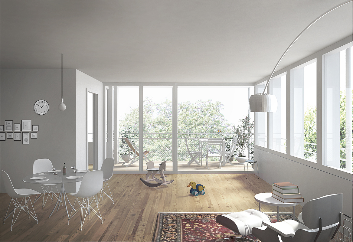 1. Rang: «Zelena», von EM2N Architekten mit Balliana Schubert Landschaftsarchitekten, Haus 3 grosszügiger Wohn-Essbereich.