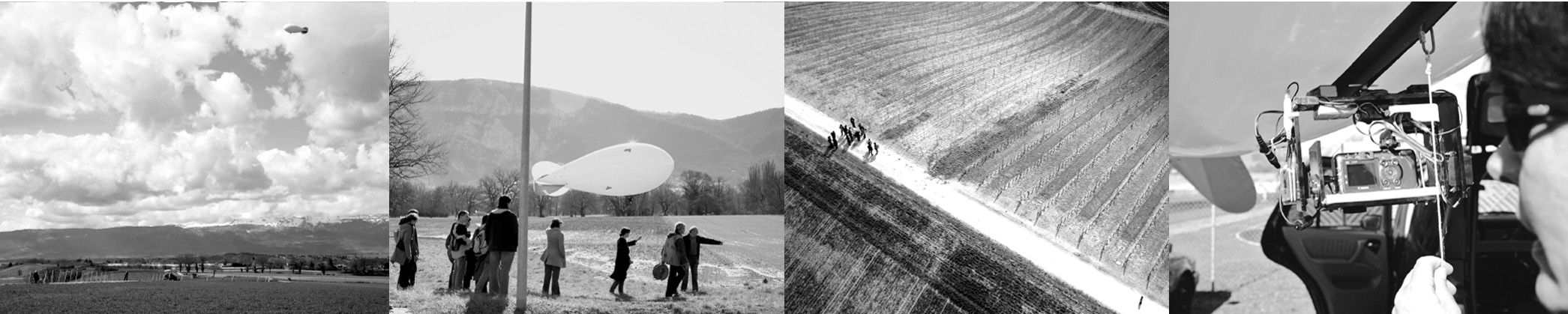 C. Dalnoky, A. Léveillé, L. Badoux, S. Parvu, E. Torres-Modrego et leurs étudiants sillonnent un site de projet avec un ballon captif sur lequel était installée une caméra commandée, 2006