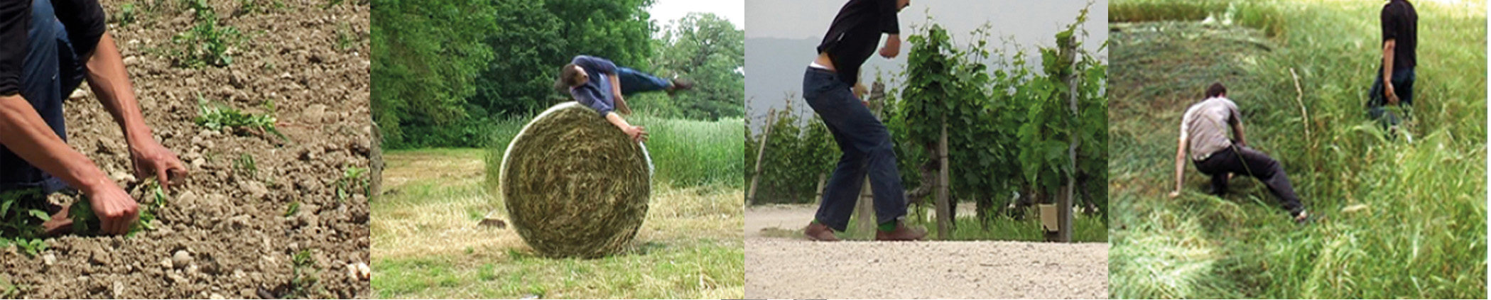 Projet de A.-M. Mokrani : Ici et Là, Performing the Landscape, les danseurs M. Roerich et M. Pomero accomplissent des performances chorégraphiques dans différents sites à Lancy, 2006