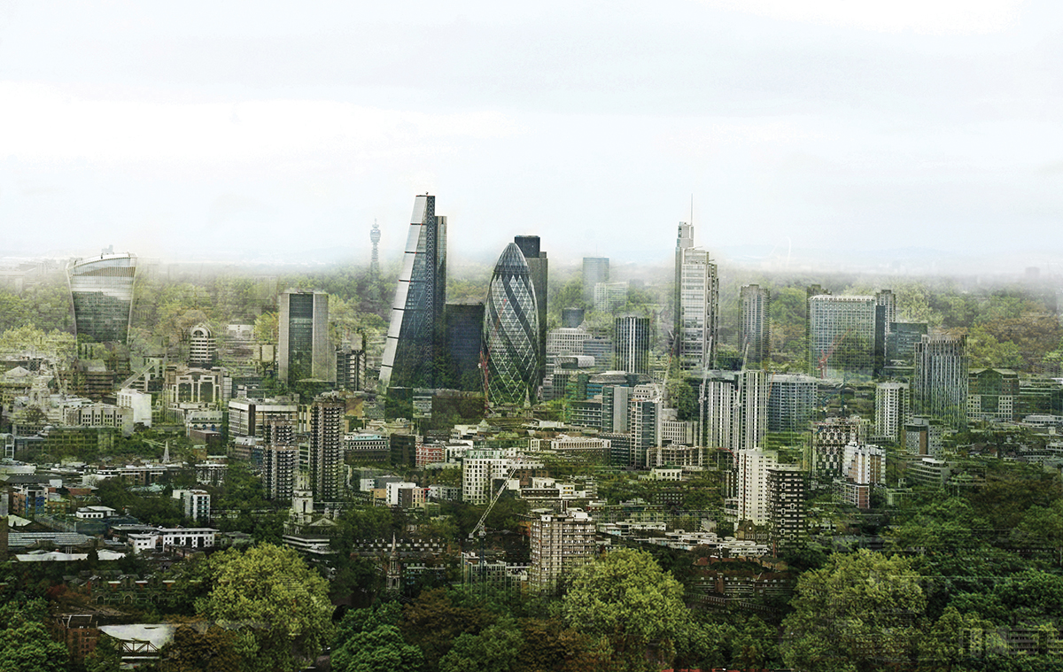 Arup, Berlin (Rendering London Skyline): Grüne Gebäudehüllen, auch temporärer Flächen, tragen neben der Luftverbesserung, Lärmschutz und Temperaturregelung schon allein visuell zu Stressreduzierung in Städten bei.