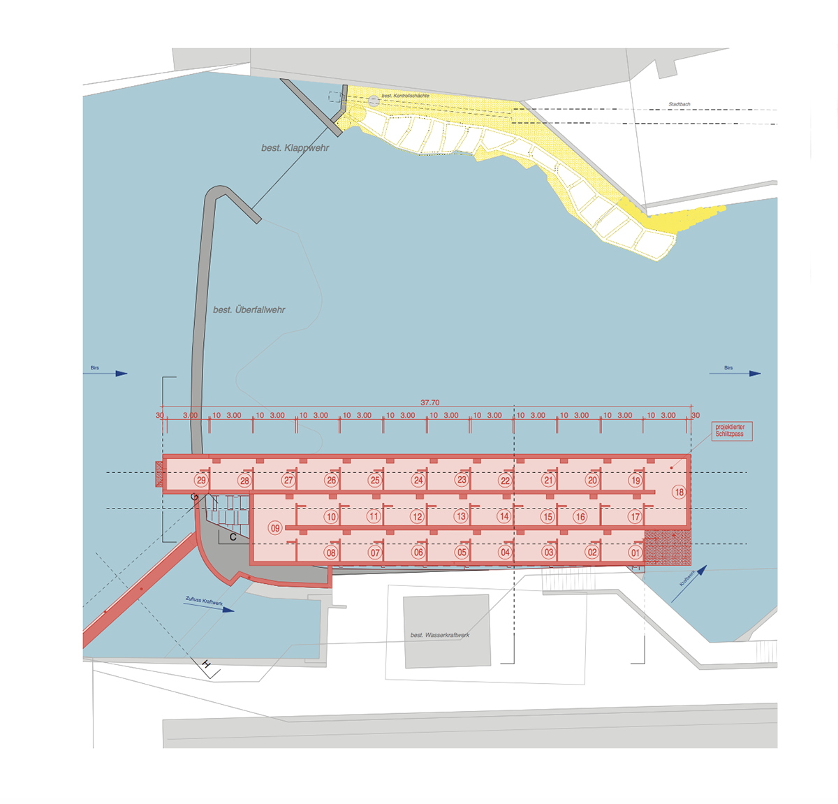 Situation des neuen, neben dem Kraftwerk angeordneten Schlitzpasses
