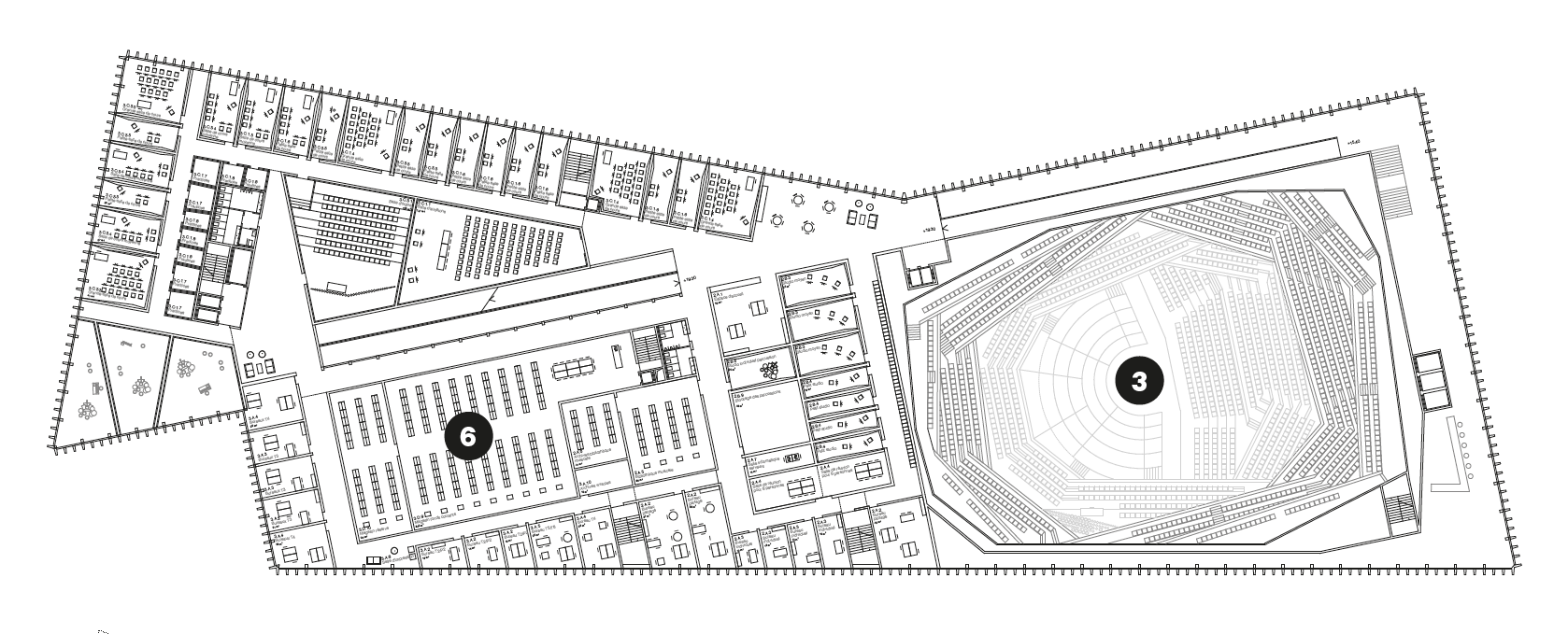 Plan du niveau + 2.50 (© Pierre-Alain Dupraz Architecte &amp; Gonçalo Byrne Arquitectos Lda) 3. Salle philharmonique 6. Bibliothèque