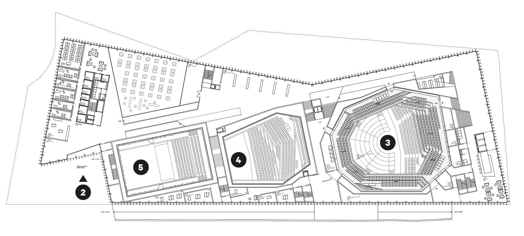 Plan du niveau +7.60 2. Entrée secondaire 3. Salle philharmonique 4. Salle de récital 5. Salle lyrique