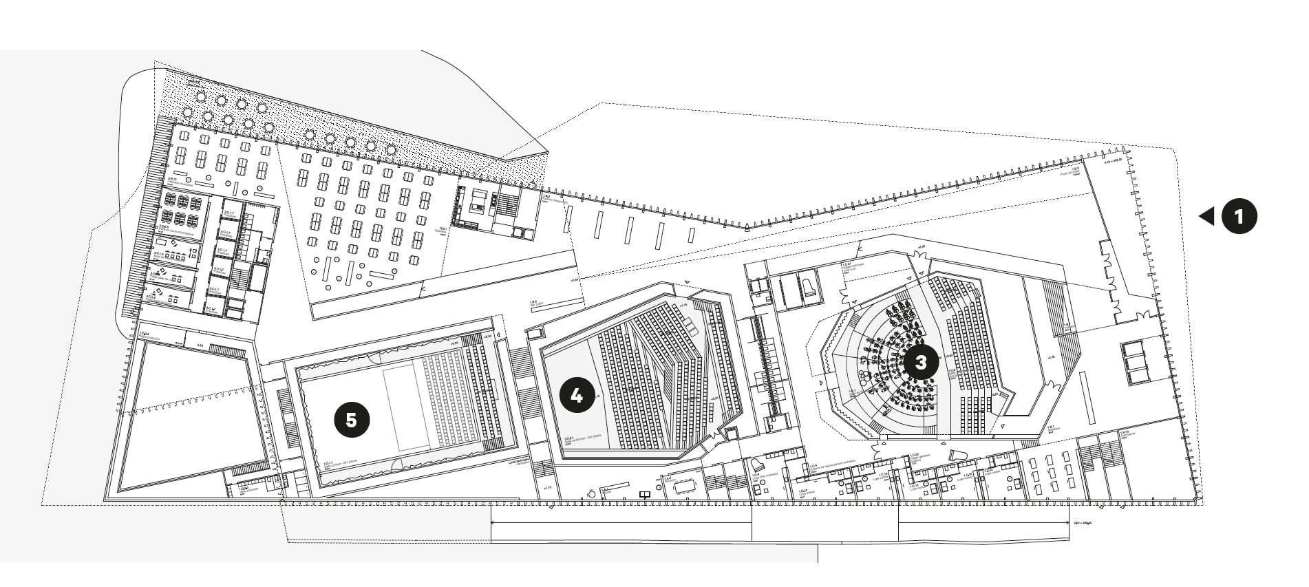 Plan du niveau +15.40 1. Entrée principale 3. Salle philharmonique 4. Salle de récital 5. Salle lyrique
