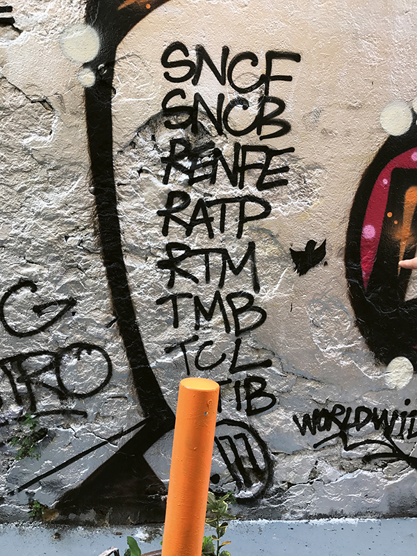 Die Kürzel der Bahn- und Metrogesellschaften, deren Waggons Cofre besprayte.