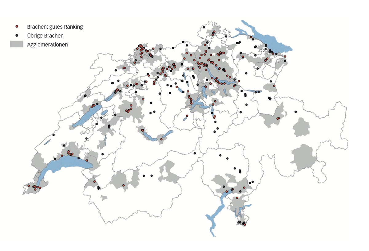 Ein Landesplan zeigt schematisch Standorte von Brachen, unterschieden nach Immobilienmarkt-Rating der Standortgemeinden. Augenfällig ist die unterschiedlicheVerteilung und Dichte z. B. zwischen Nord- und Südseite oder auch von Osten nach Westen.