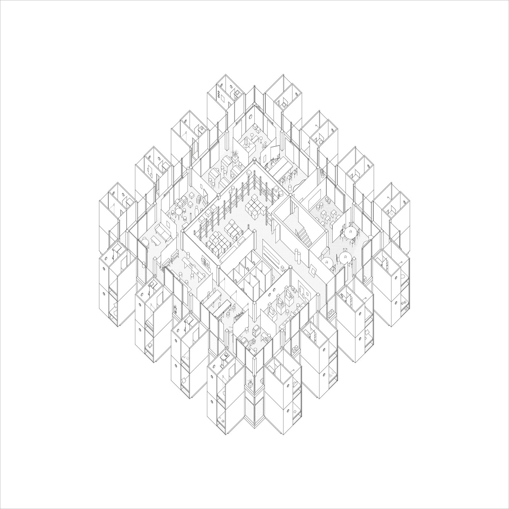 Every Day Is Like Sunday : densification de parcs à bureaux. Stratégie par transformation : autour d’un bâtiment existant sont ajoutées des cellules habitables.