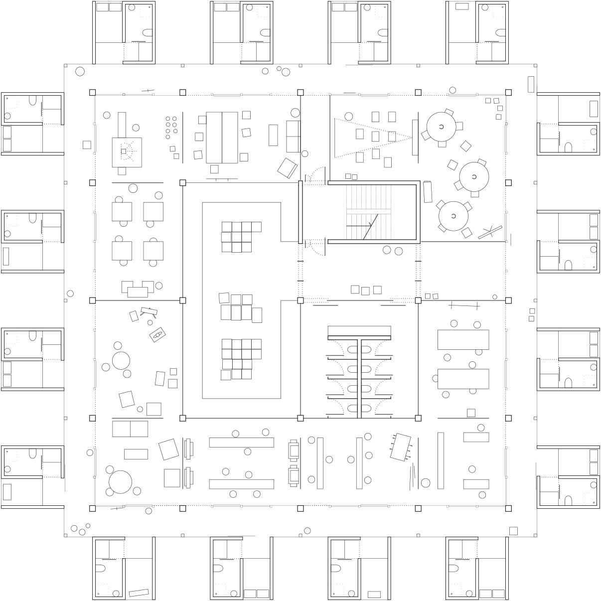 Every Day Is Like Sunday : densification de parcs à bureaux. Stratégie par transformation : autour d’un bâtiment existant sont ajoutées des cellules habitables.
