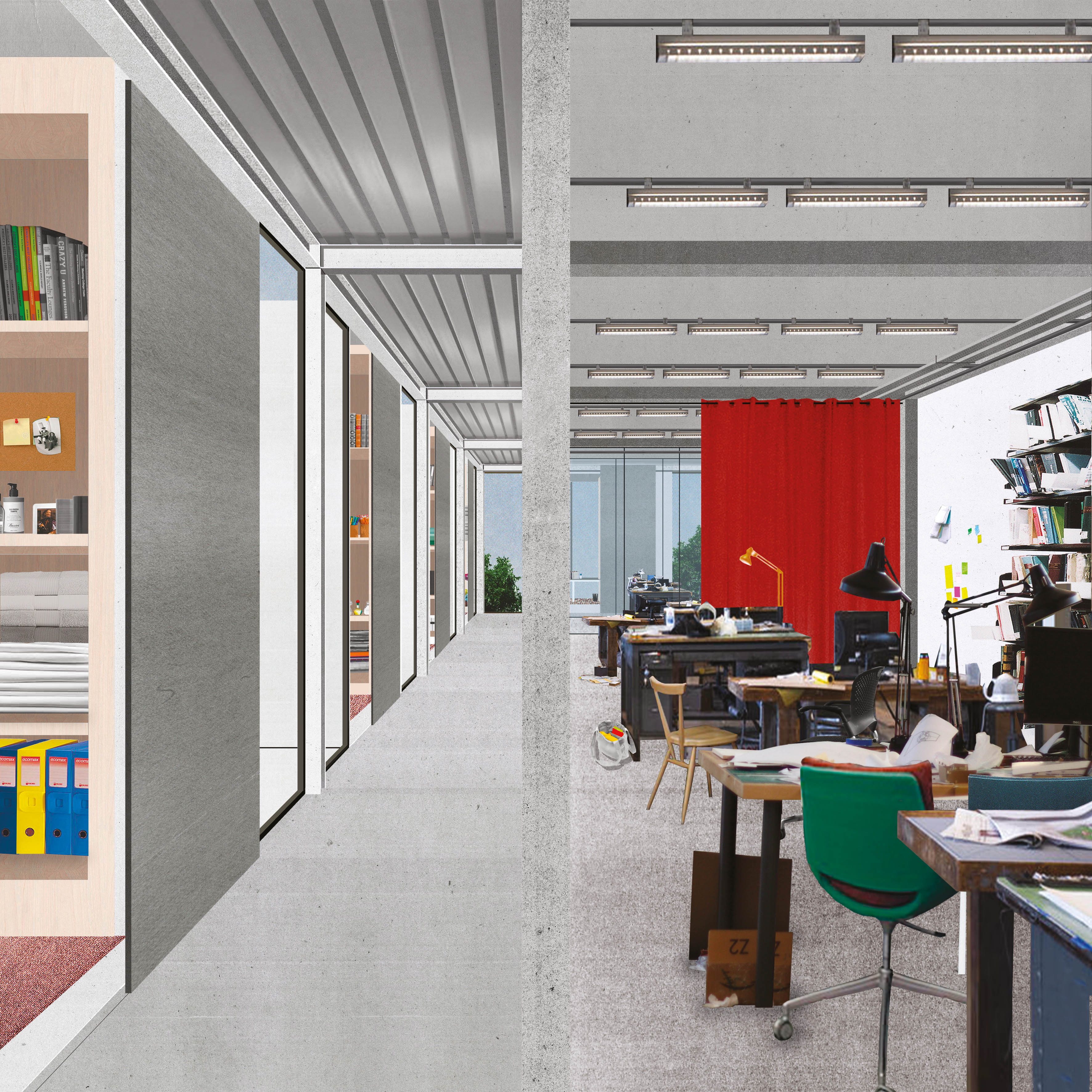 Every Day Is Like Sunday : densification de parcs à bureaux. Stratégie par transformation : autour d’un bâtiment existant sont ajoutées des cellules habitables.