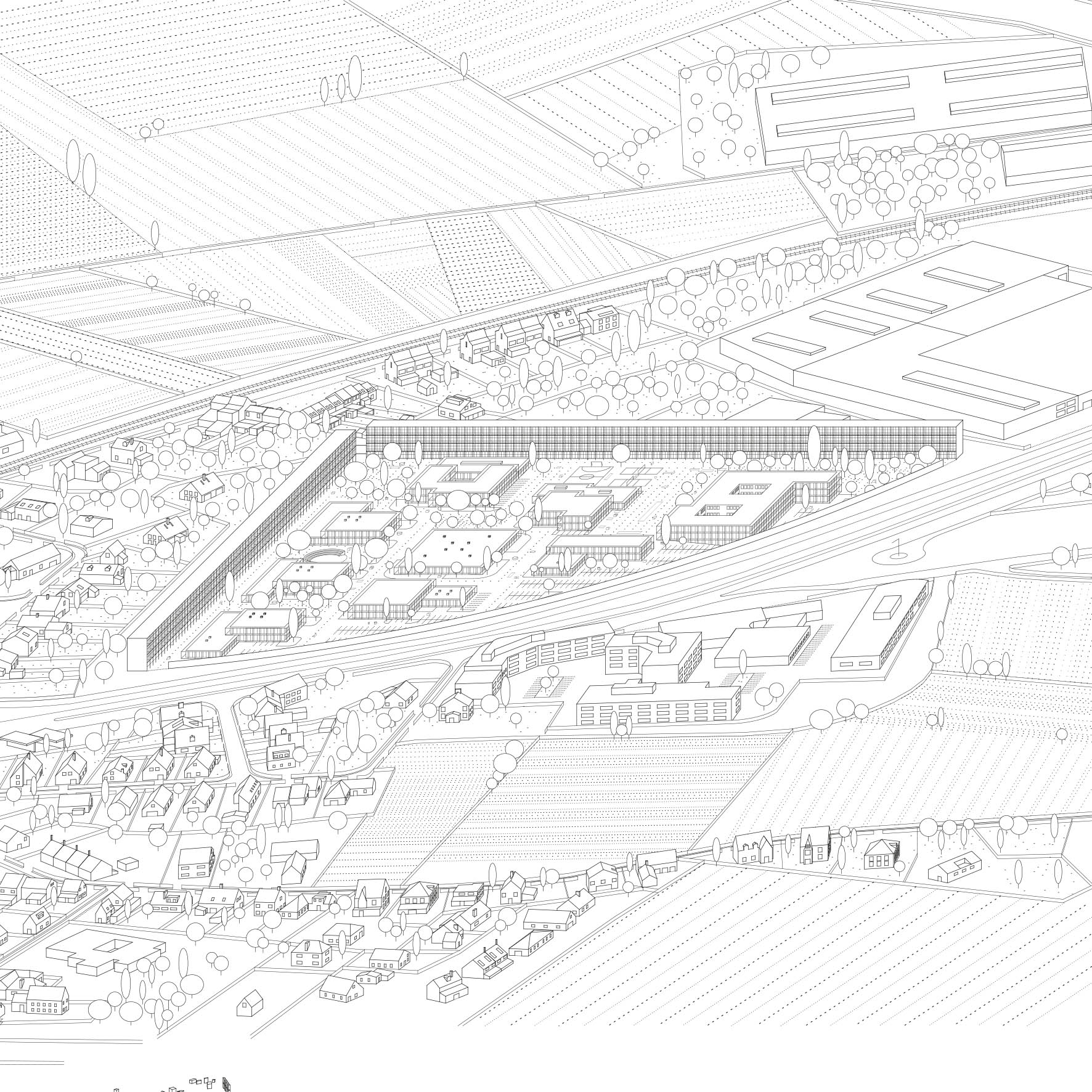 Every Day Is Like Sunday : stratégie par addition de barres de logement en périphérie du parc de bureaux.