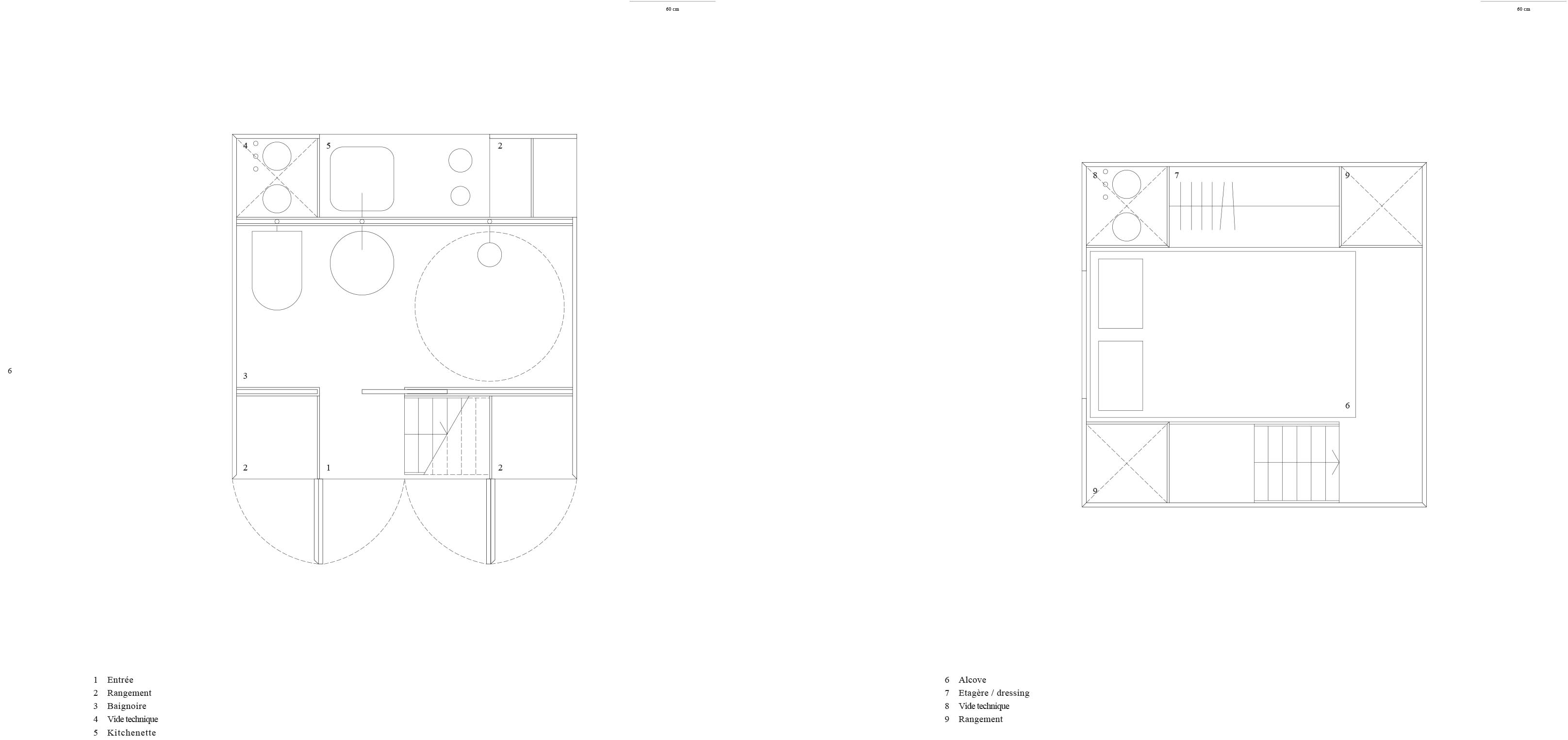 Like A Rolling Stone: cellule habitable : plans des deux niveaux