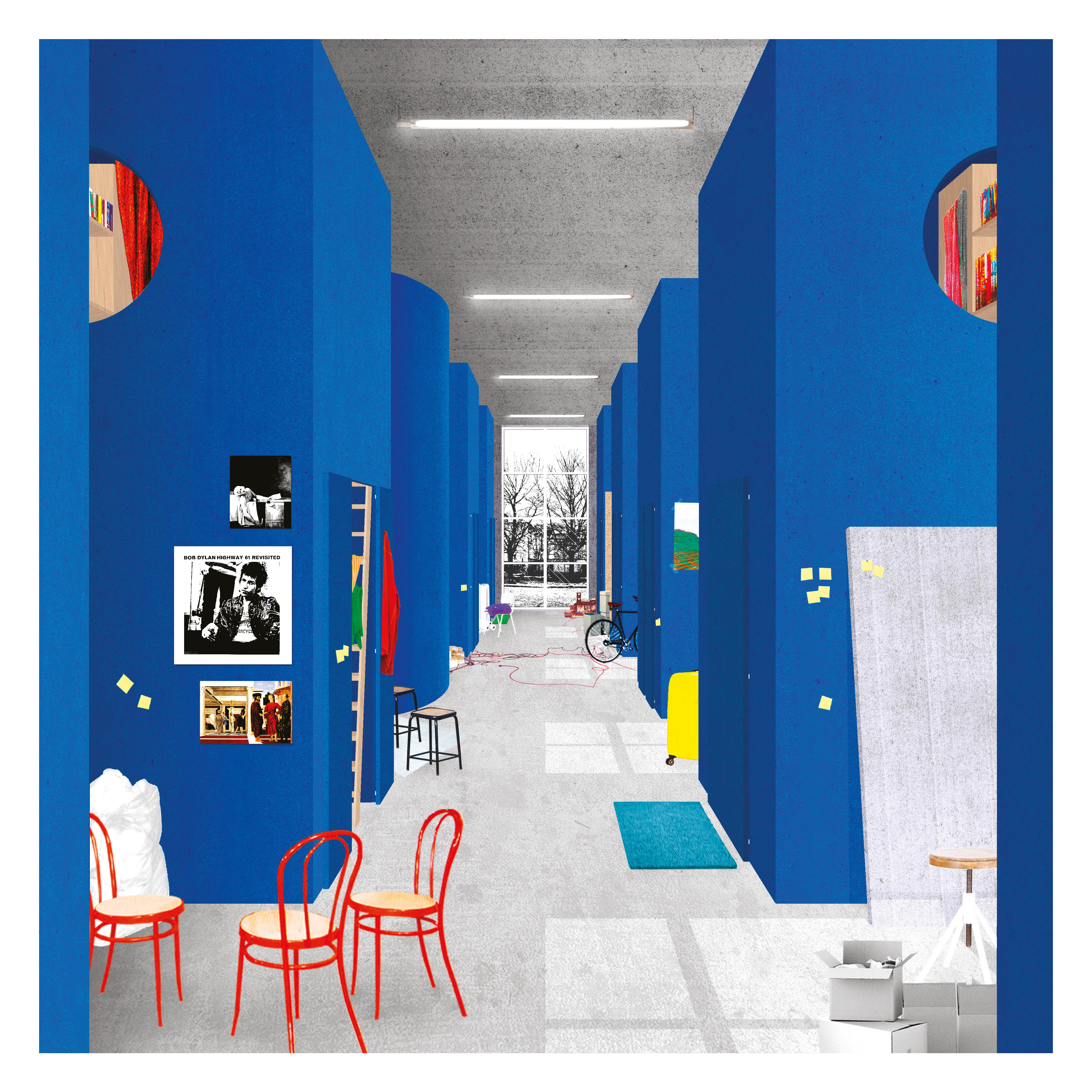 Like A Rolling Stone: la pension revisitée. Vue de l’immeuble à Boreham Avenue, Londres. Vues intérieures : sofas et tables de travail encastrés dans la façade