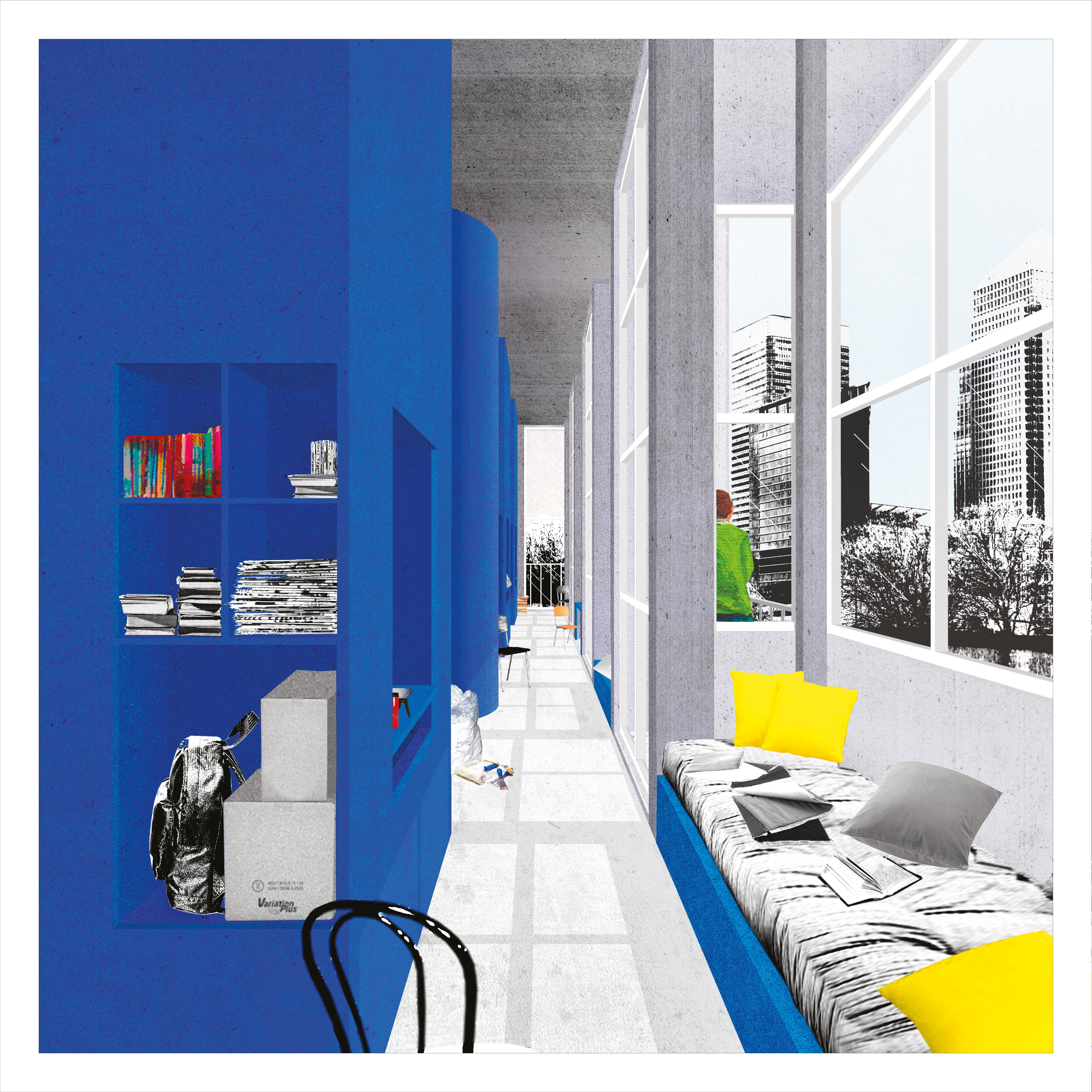 Like A Rolling Stone: la pension revisitée. Vue de l’immeuble à Boreham Avenue, Londres. Vues intérieures : sofas et tables de travail encastrés dans la façade