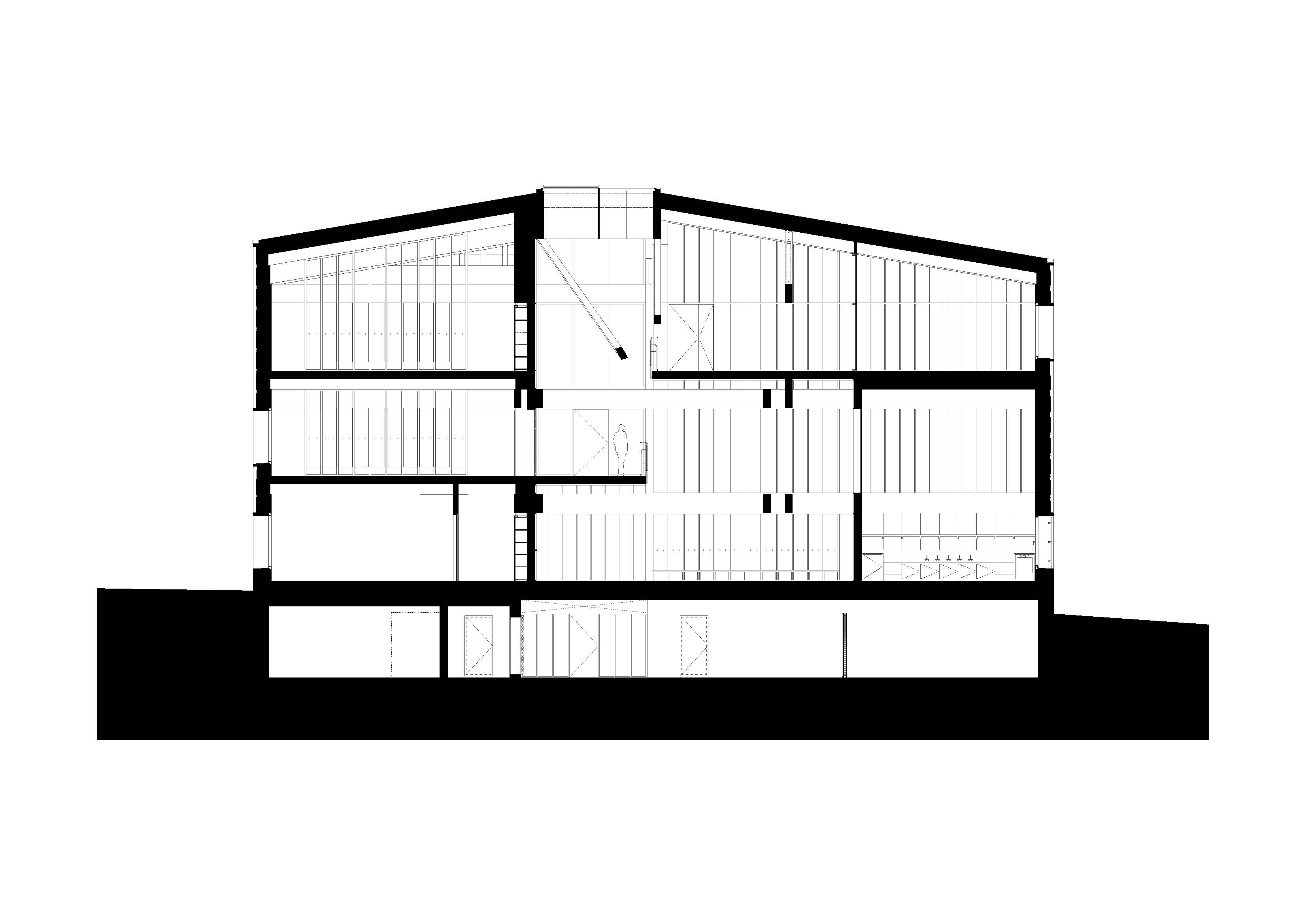 Coupe à travers les salles de classe et le vide central.