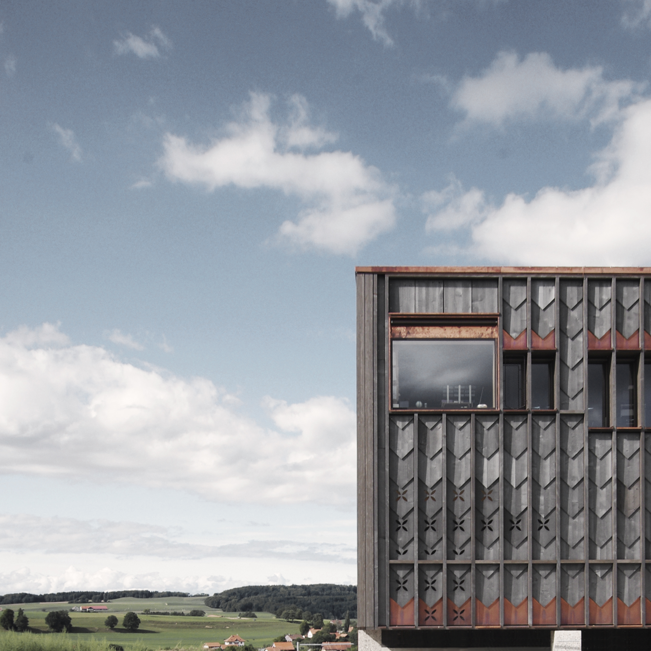 Vue de la façade sud et de la campagne fribourgeoise