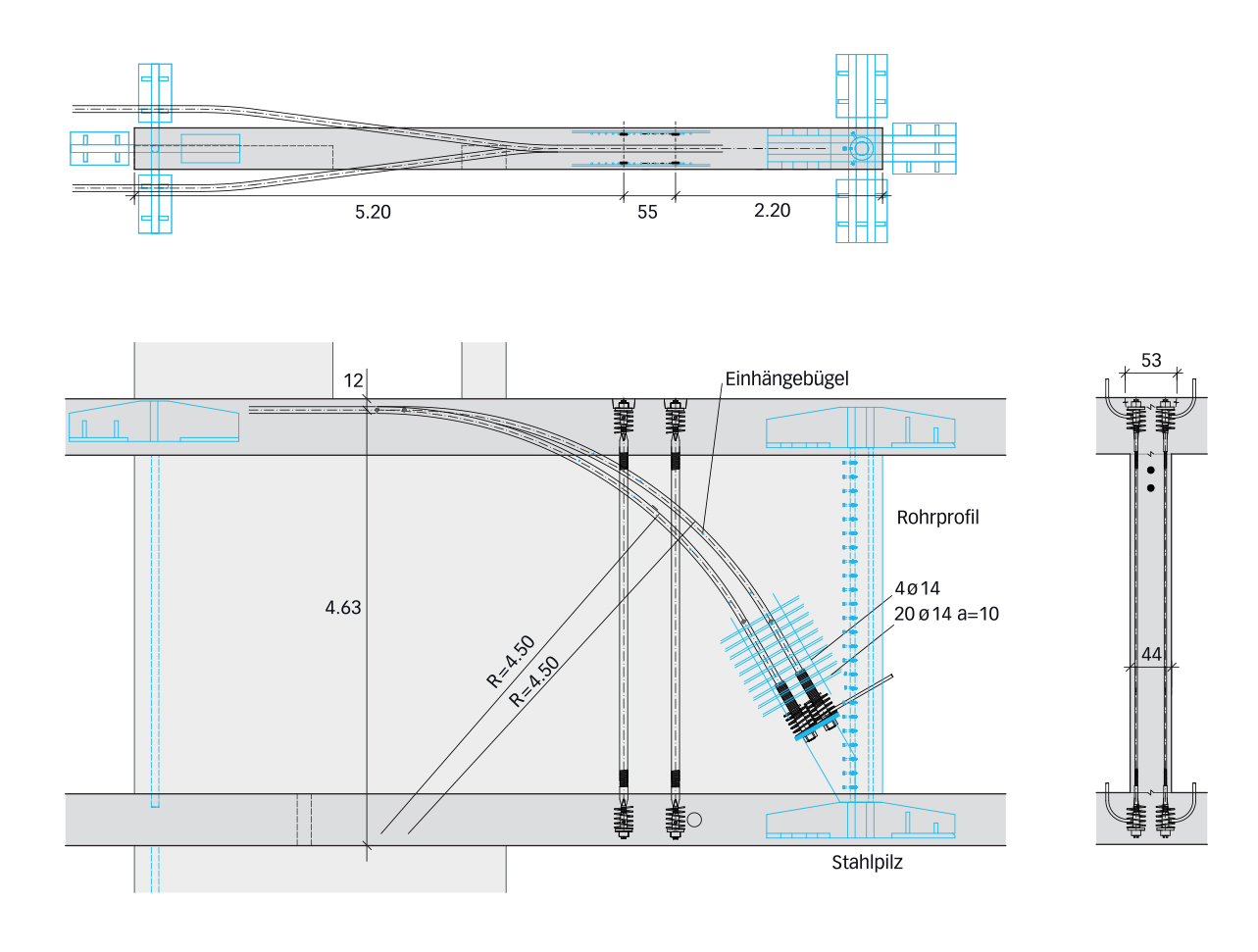 Vista e sezioni dei cavi di precompressione e dei pilastri a fungo in acciaio rivestiti di calcestruzzo.