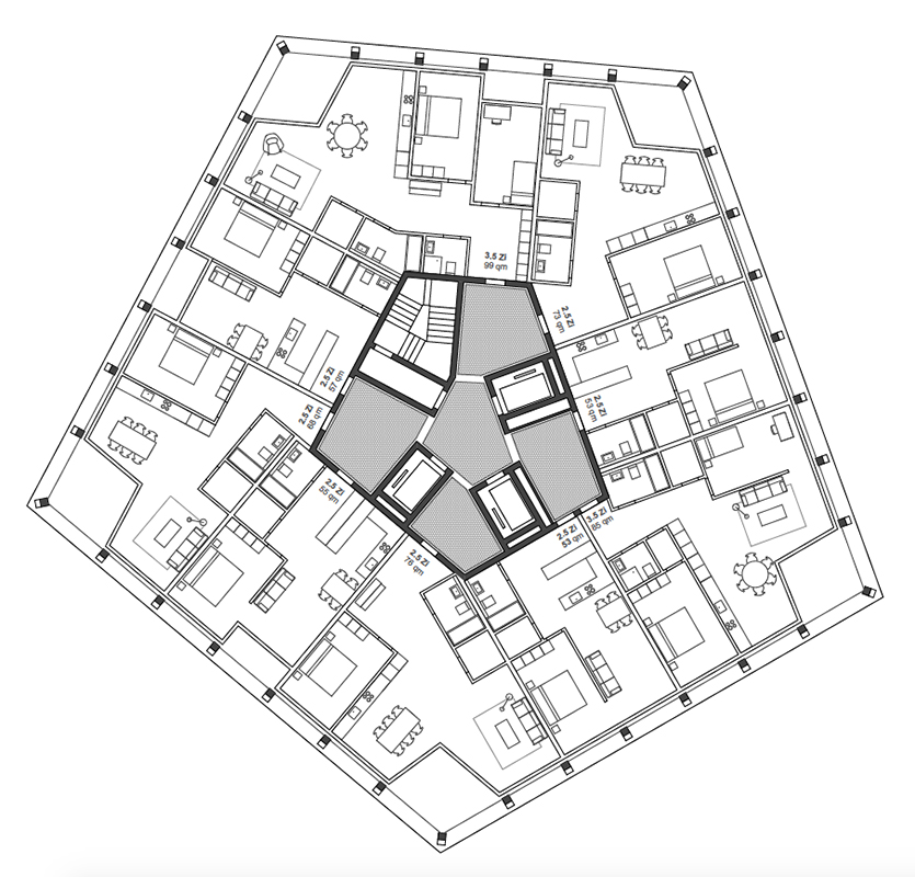 Siegerprojekt, Grundriss 7. OG. In den Ebenen ab dem 7. OG finden insgesamt 69 Wohnungen Platz. Darunter sind Büros vorgesehen.