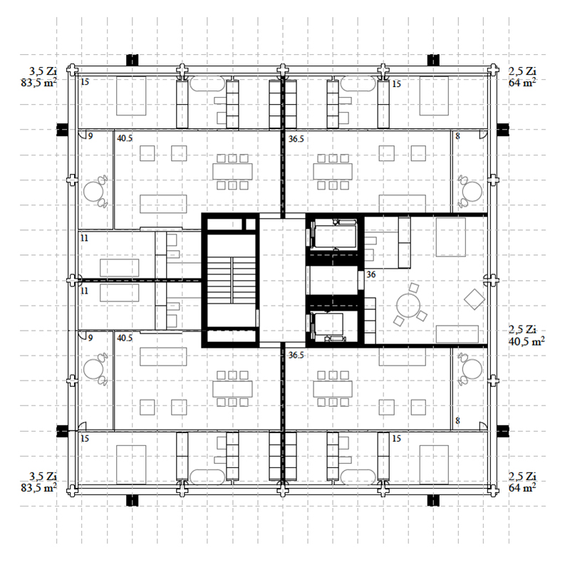 Projekt Buchner Bründler, Grundriss OG 6–15. Der Turm beherbergt ab dem 6. Obergeschoss 78 Wohnungen.