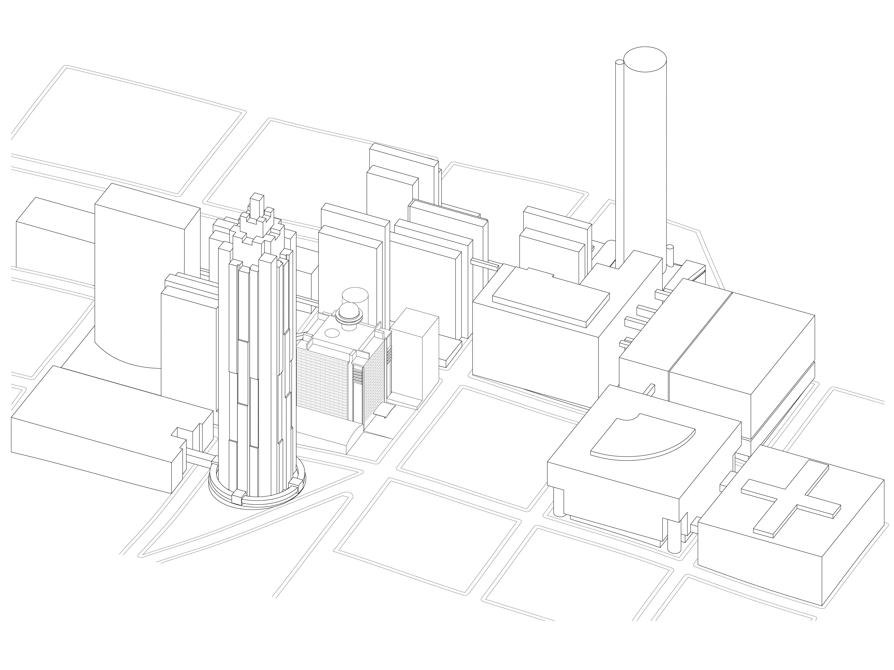 John Portman and Associates, Peachtree Center, Atlanta, 1961-2009. Schéma montrant les principaux bâtiments du centre.