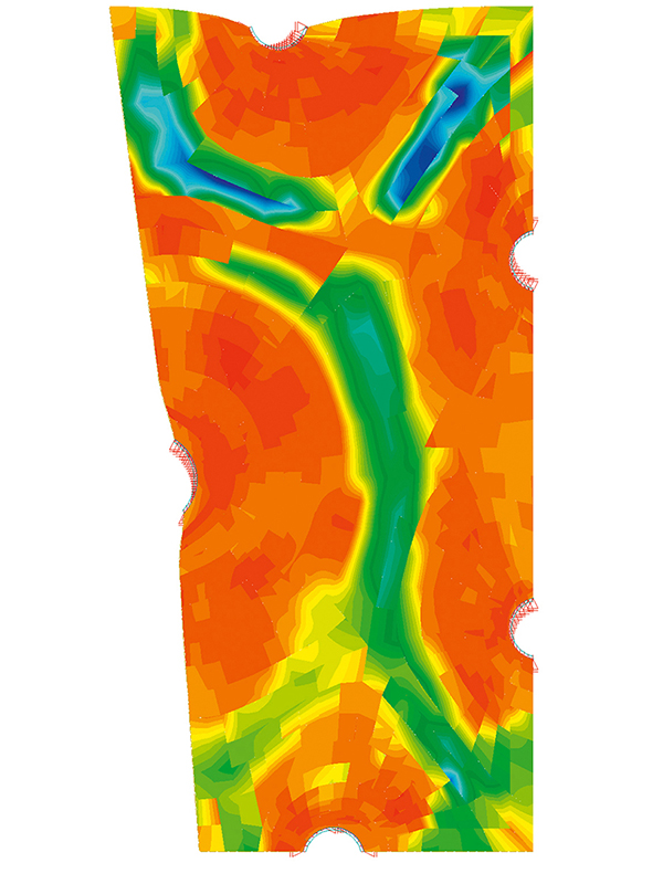 Berechneter Spannungsverlauf in der Carbonbewehrung. Deutlich erkennbar sind die Zug­spannungen bis zu 810 N/mm2 auf den Graten und im Bereich der Auskragungen.
