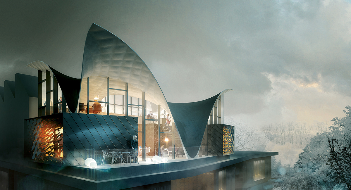 Visualisierung der Unit HiLo mit ultradünner Dachschale, adaptiven Solarfassaden und leichten Bodenplatten im Zwischengeschoss.