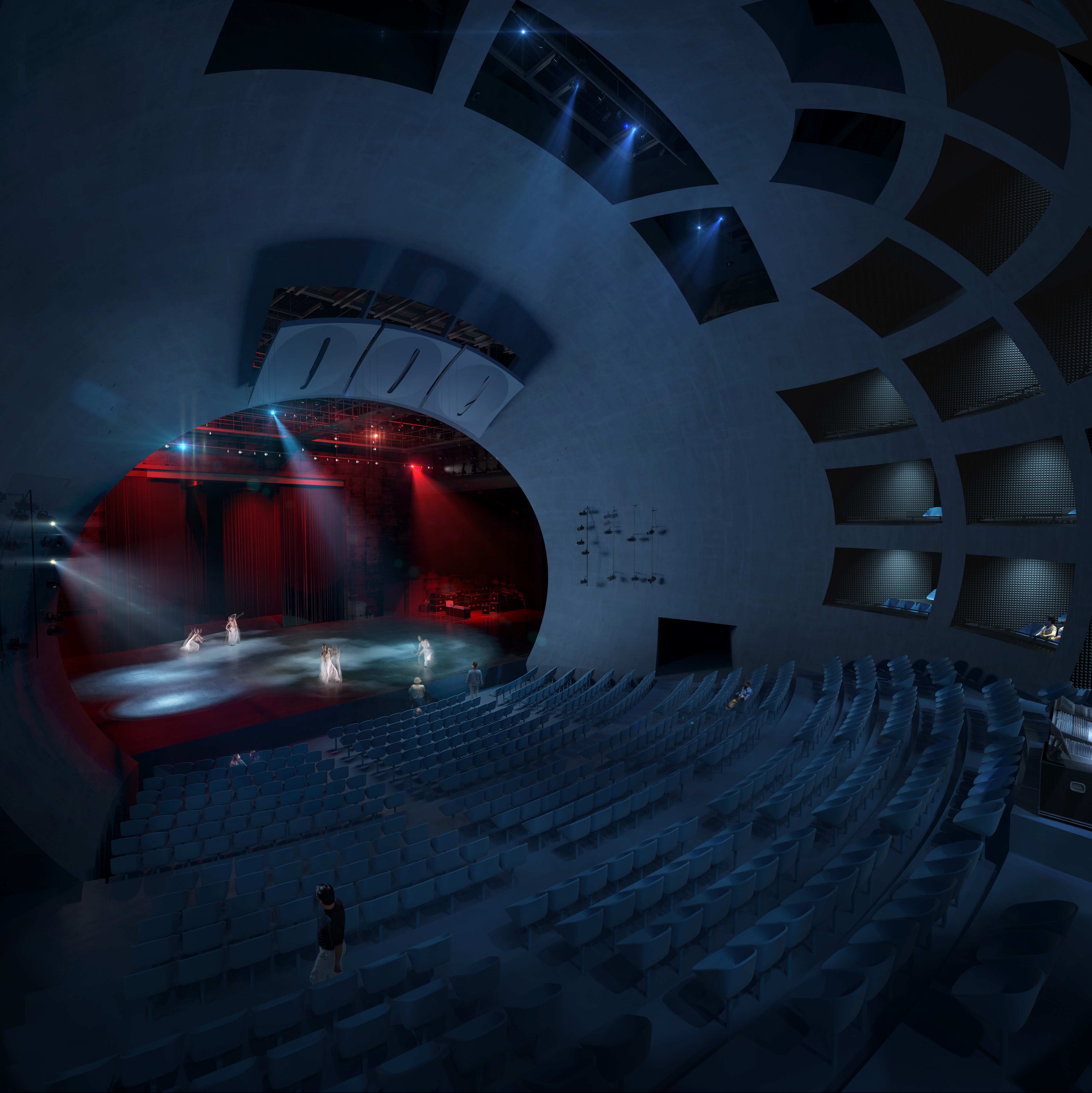 Vue intérieure du théâtre sphérique "Proscenium Playhouse"