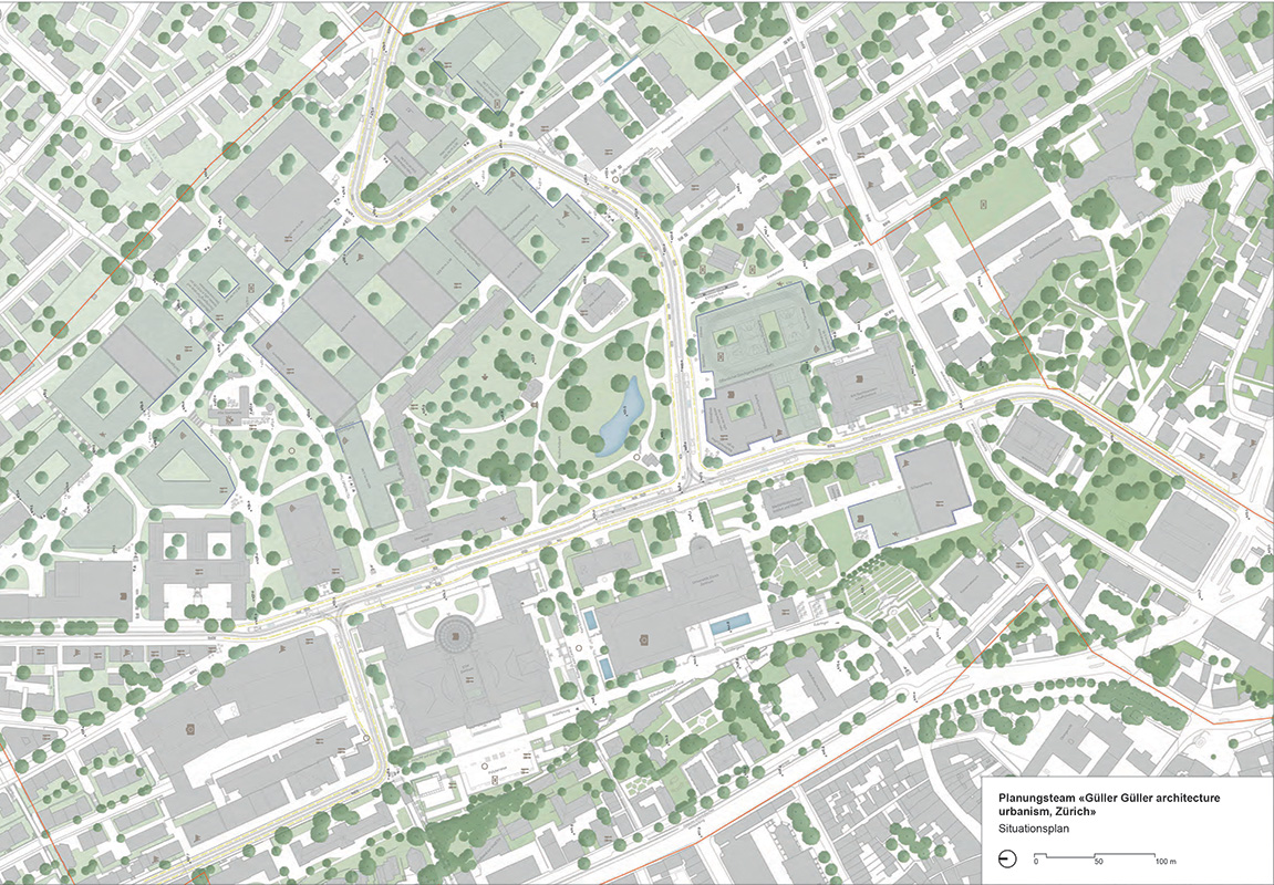 Das Projekt des Teams um Güller Güller architecture urbanism mit Hager Partner fokussiert auf dem Grünraum. Die verschiedenen Institutionen sollen gleichsam auf einen gemeinsamen Boden gebracht werden, als räumliche Umsetzung der in den letzten Jahren intensivierten Zusammenarbeit. Die halbprivaten und pri­vaten Aussenräume werden auf die Dächer verlegt. Situation.