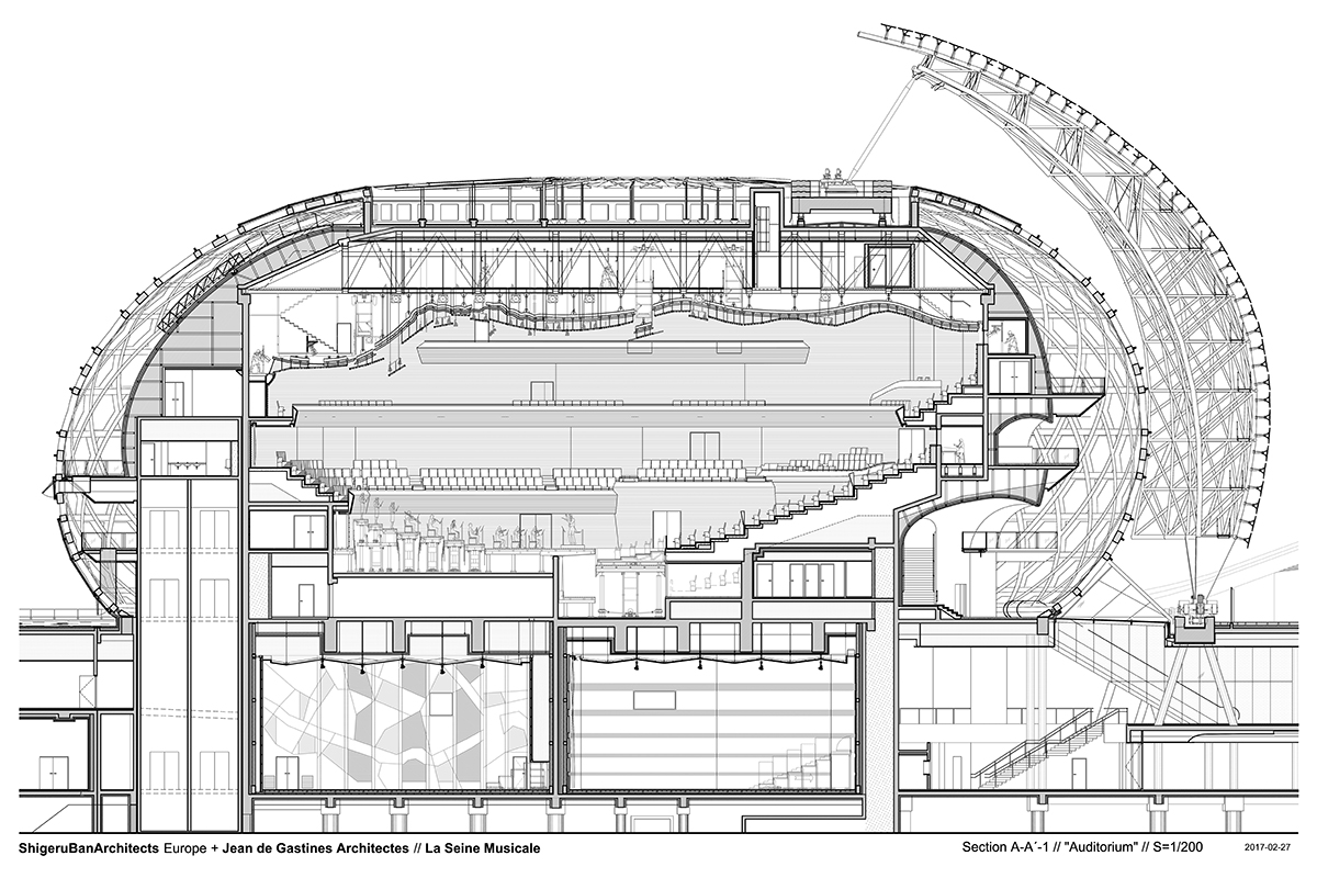 Schnitt durch den Konzertsaal, das PV-Segel, das Foyer und den Sockelbau.