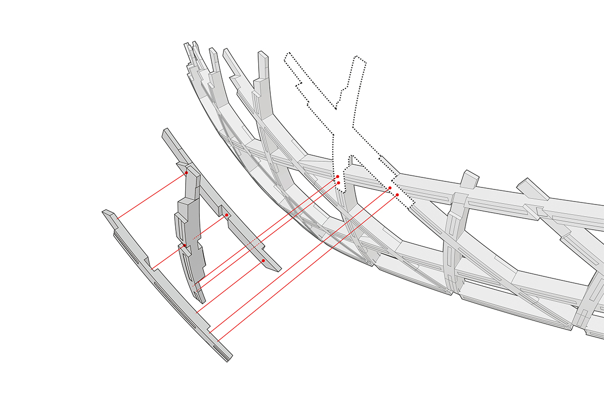 15 horizontale Ringe und 86 diagonale Träger bilden die Primärstruktur rund um das Auditorium. Die horizontalen Ringe bestehen aus 24 m langen Segmenten, die Diagonalen sind 4 bis 5 m kürzer.