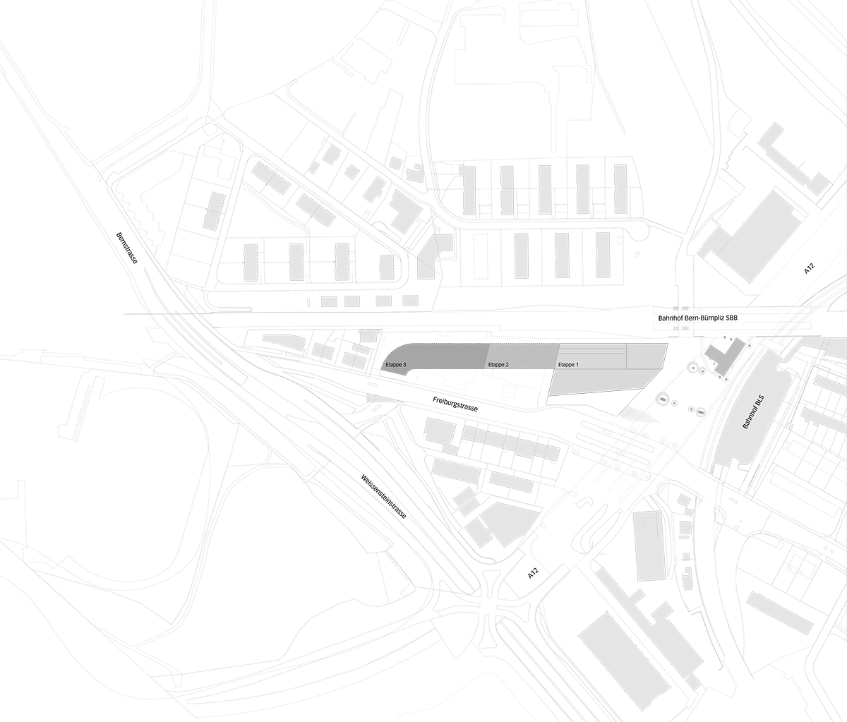 Situationsplan im Mst. 1 : 2500. Das Zentrum Europaplatz bildet die Etappe 1.