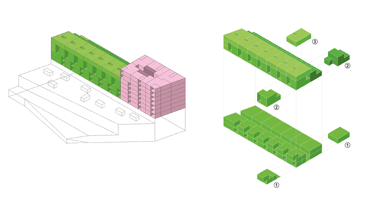 Schema der Wohnungen (1) Longstay-Apartments, 2.5-Zimmer, 4./5. OG (2) Urban Apartments, 3.5-Zimmer-Duplex, 6./7. OG (3) Urban Apartments, 2.5-Zimmer-Duplex, 8. OG